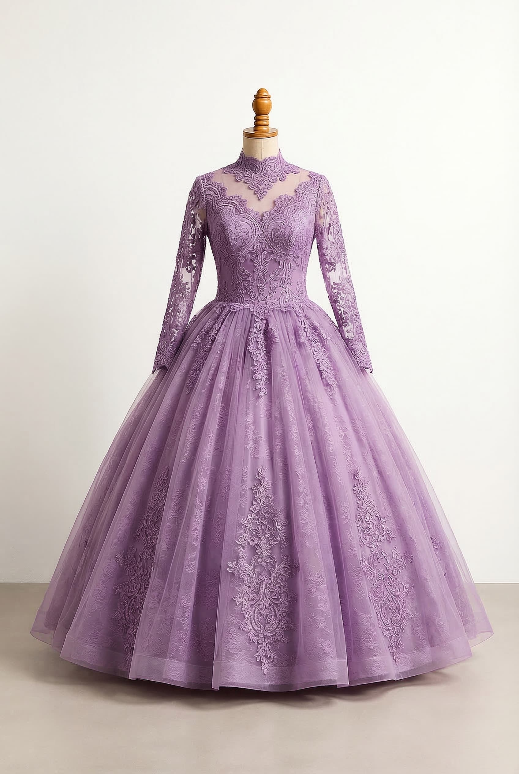Modest style with full coverage, higher necklines, and sleeves. I want a modest wedding dress with long lace sleeves lace around the dcolletage and a huge poofy layered skirt shaped like a bell ballgown Purple dress with nice soft layers. Nothing too heavy that drags it down and ruins the bell silhouette. The kind of silhouette you need a hoop skirt for.
