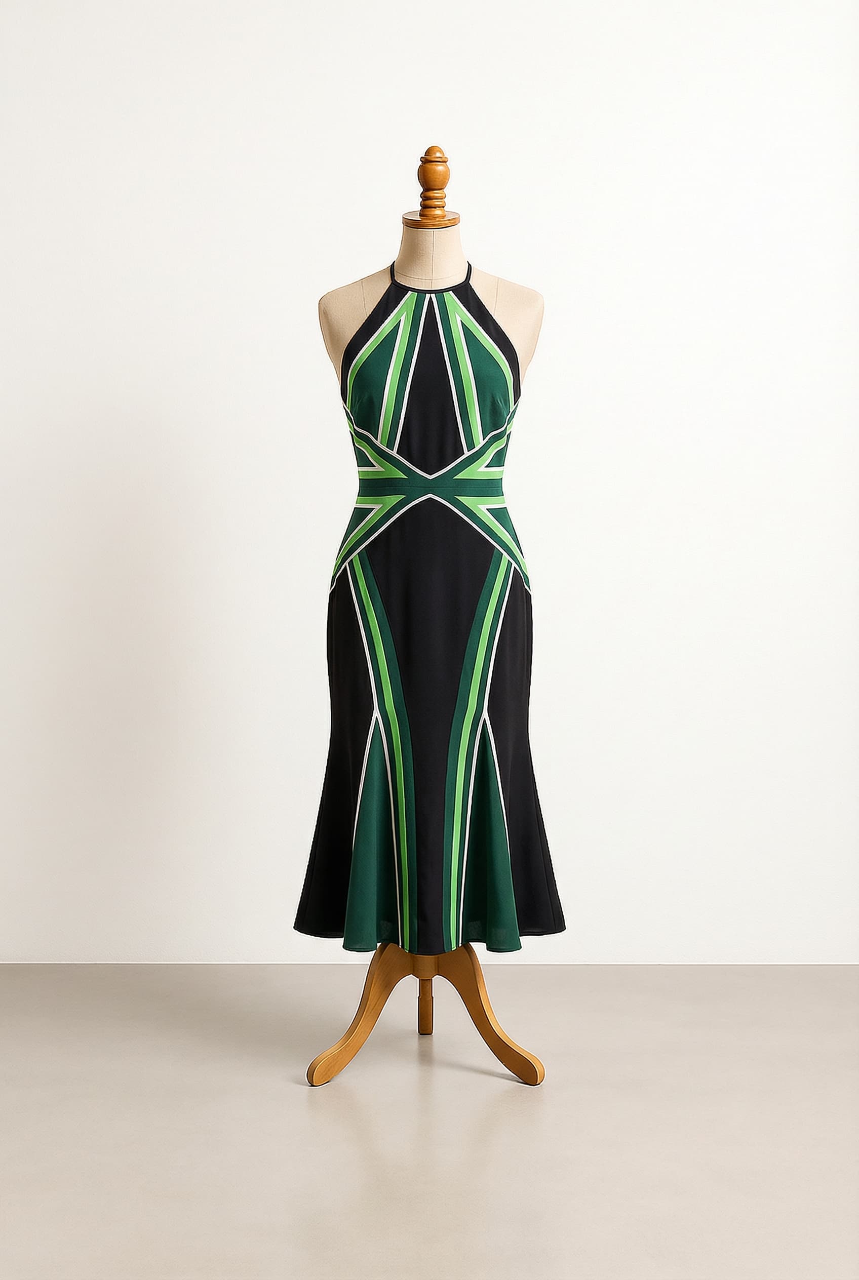 Black dress with vibrant forest, apple green, and white triangular geometric swipes traveling upwards.