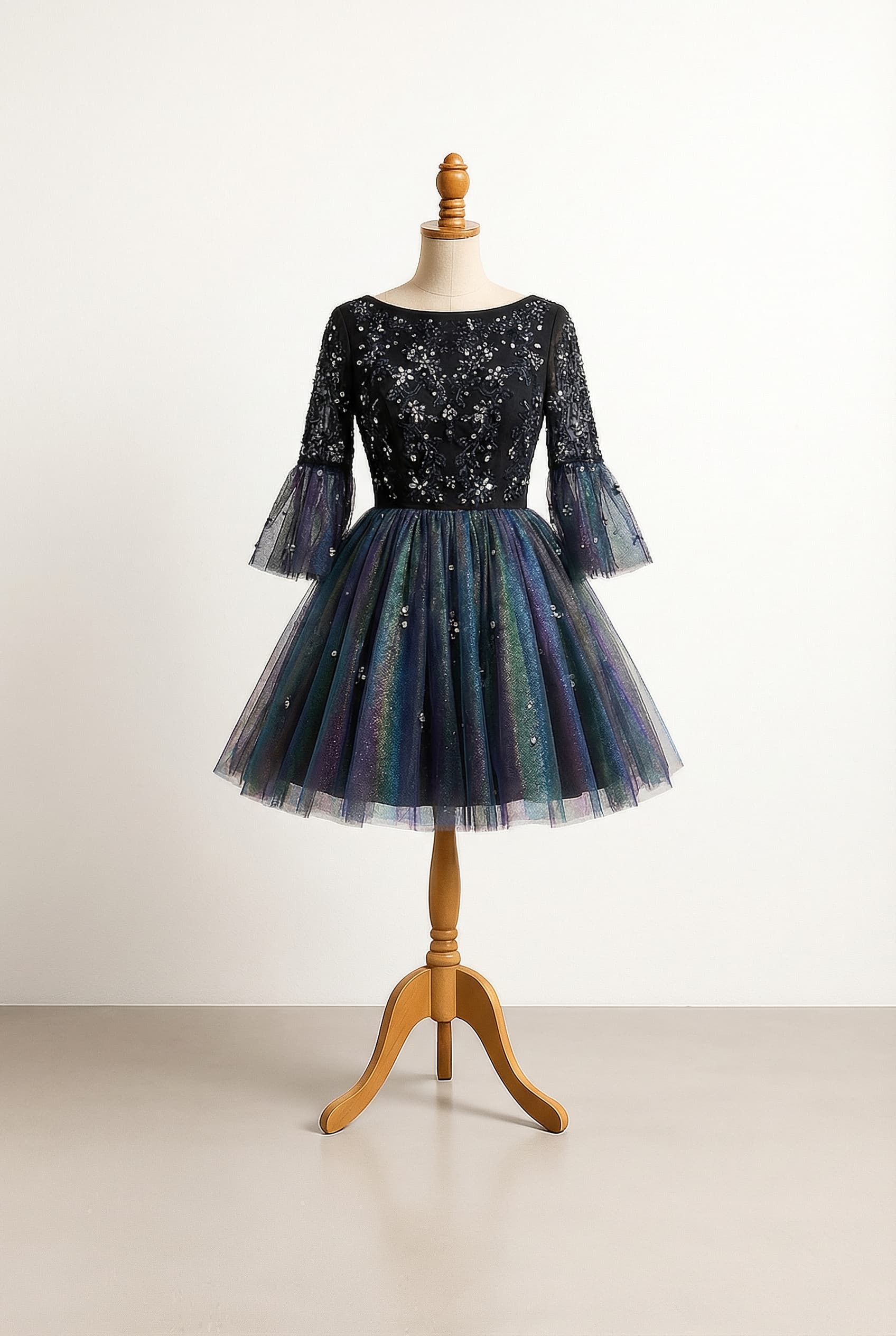 I want a balanced custom dress I want whimsical magical dark Fitted bodice flutter sleeves very flared skirt with lots of tulle and layers Above the knee length Very high waist as I am very apple shaped A boatneck or a high sweetheart neckline The bodice needs to be dark but the rest can be whatever Lots off appliqus and shimmer Wildflower, butterfly, and star appliqués on the bodice, not symmetrical and more dramatic.