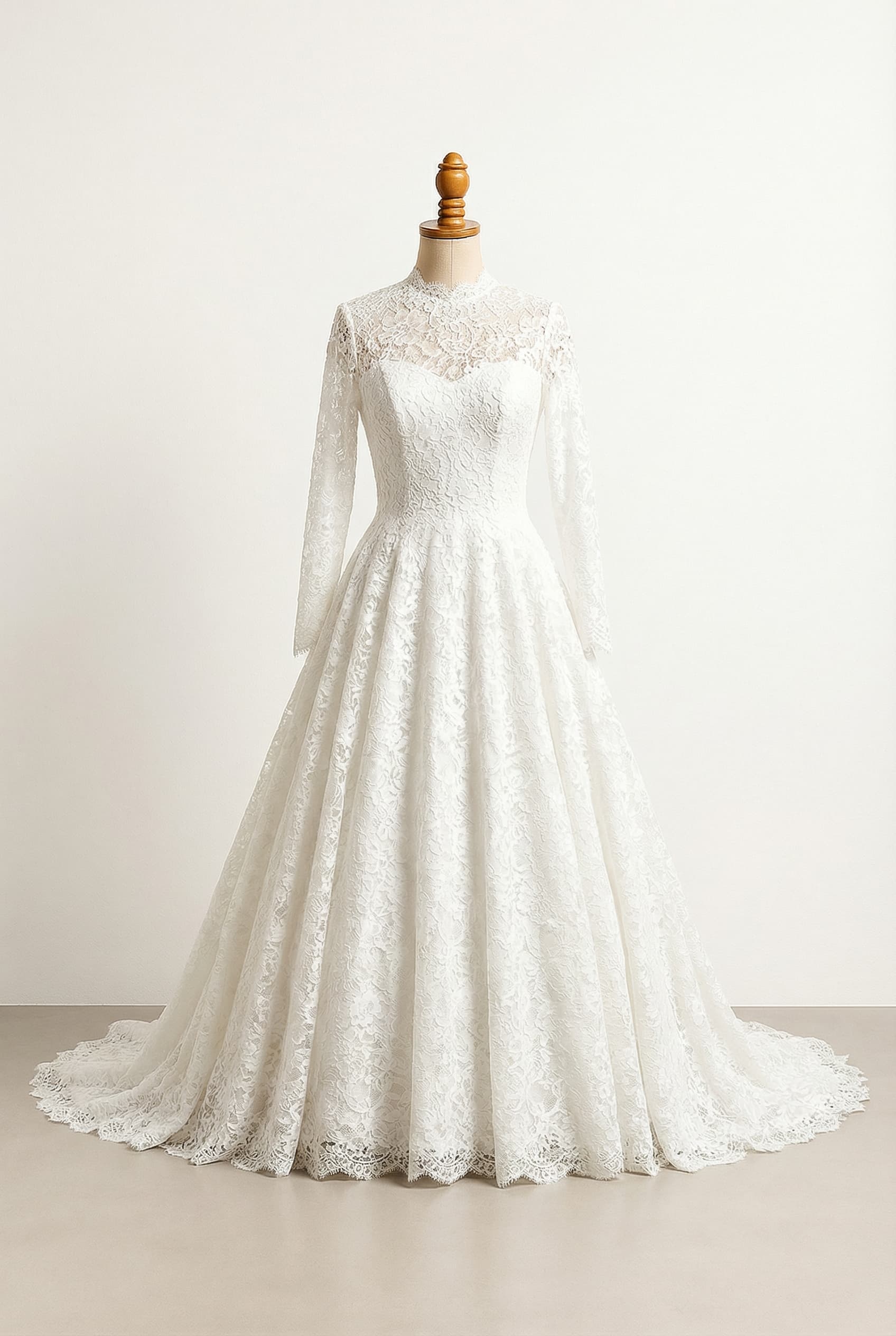 I want a balanced wedding dress Ball Gown Princess floor length dress with a train long sleeves with dentelle lace detail and a modest neckline