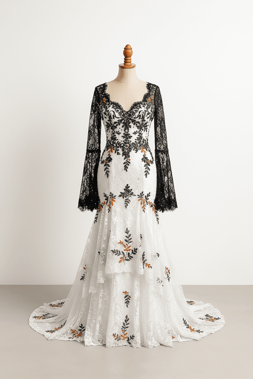 An elvish wedding dress made for the fall to early winter season. Something with a full but flat body I want a skirt but not like a puffy princess skirt. I want lots of lace and black and silver glitter I want it with long lace sleeve preferably black