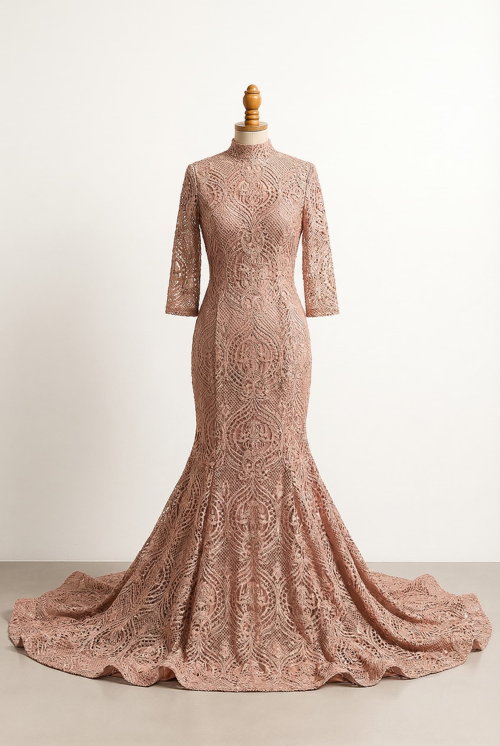 I want a balanced prom dress Dusty Rose Gold Mesh & Lace High-Neck Mermaid - Fitted through the body, flaring out at or below the knee, Royal - Very long, dramatic train; Three–Quarter sleeves
