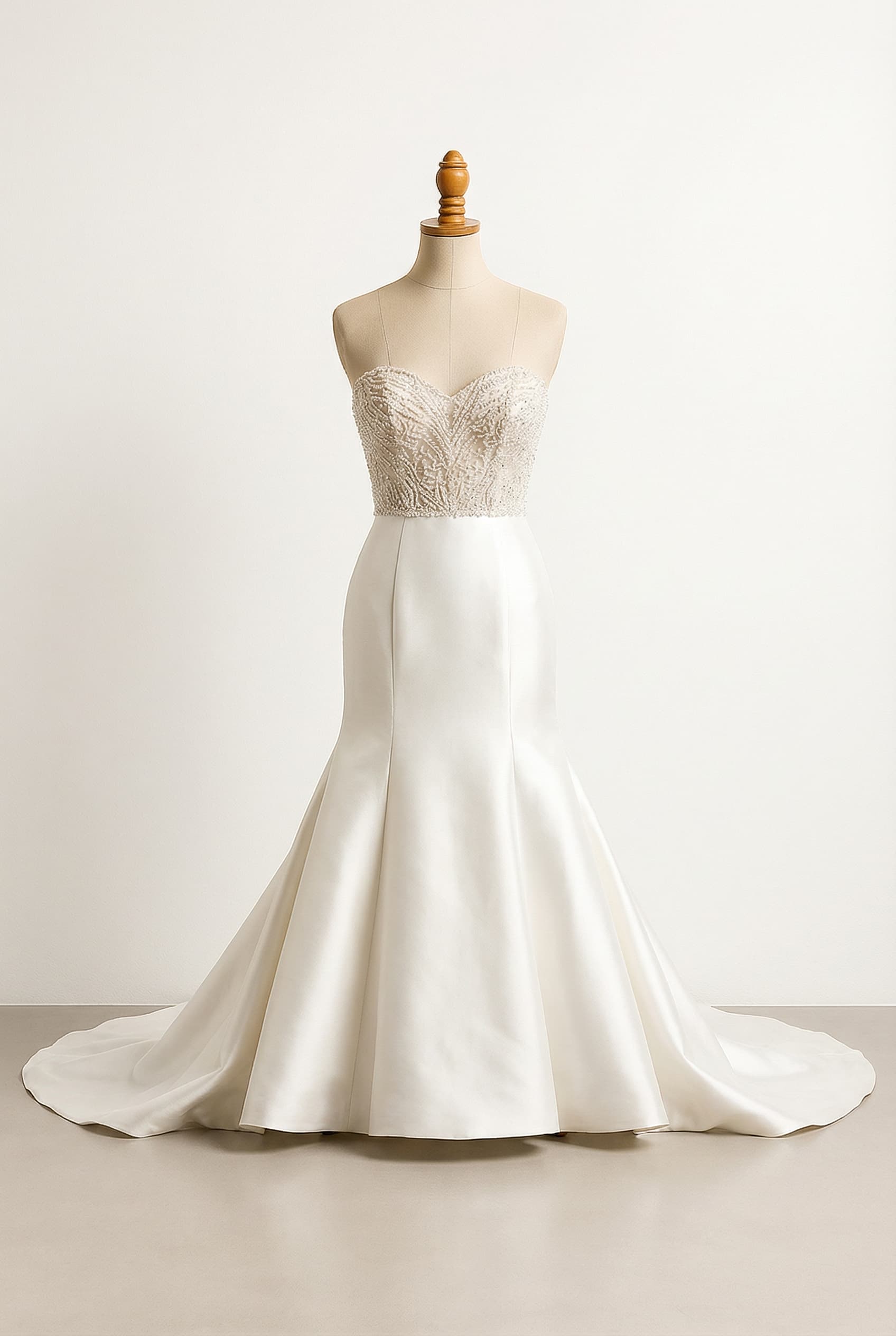 Ivory Fit & Flare wedding dress with a strapless sweetheart neckline, intricate beading extending right up to the edge, a see-through illusion bodice with intricate beading, a luxurious silk satin skirt, simpler where it flares out, creating a very full and dramatic effect, and a Royal length train.