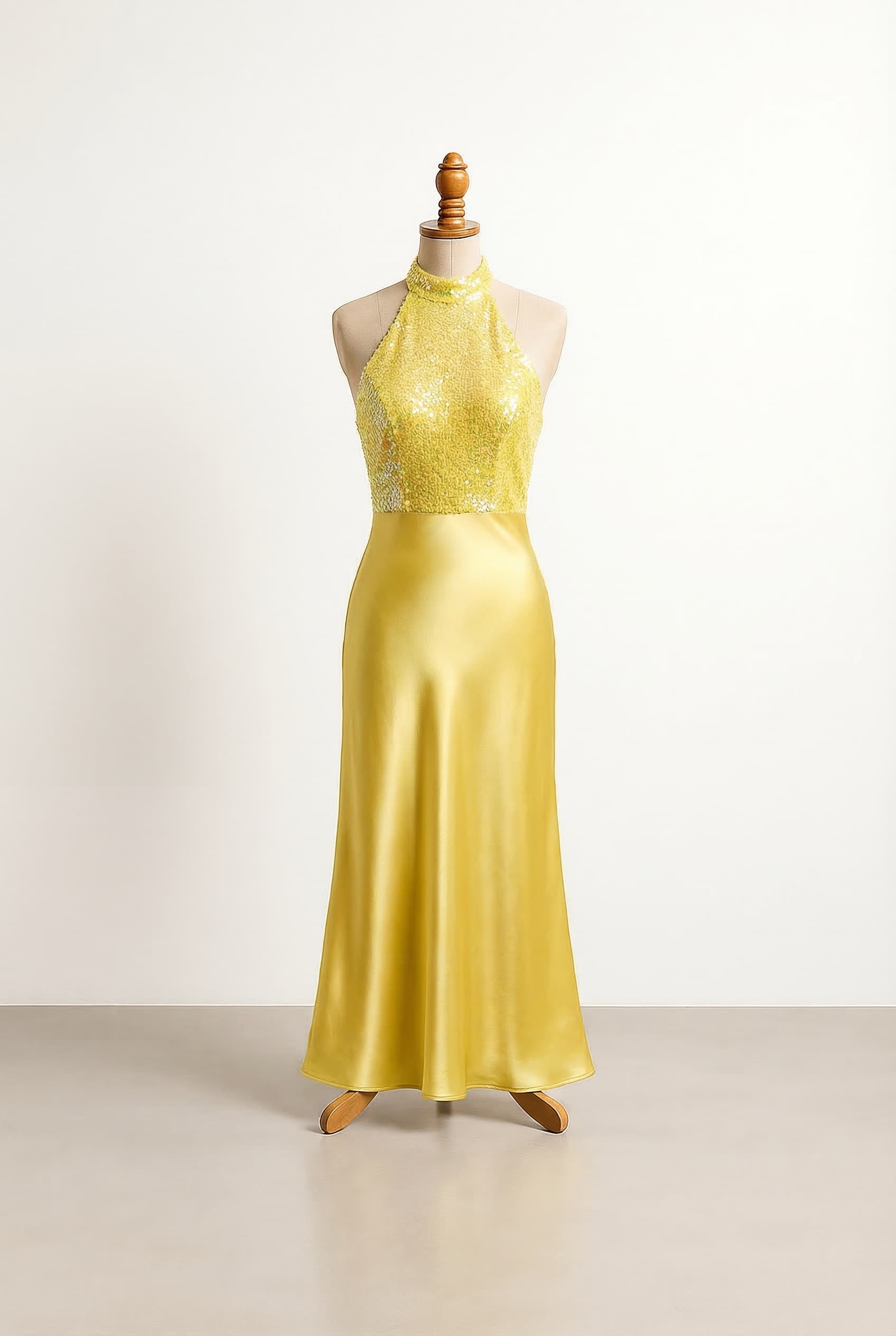 Yellow halter dress with yellow iridescent sequins and silk lining