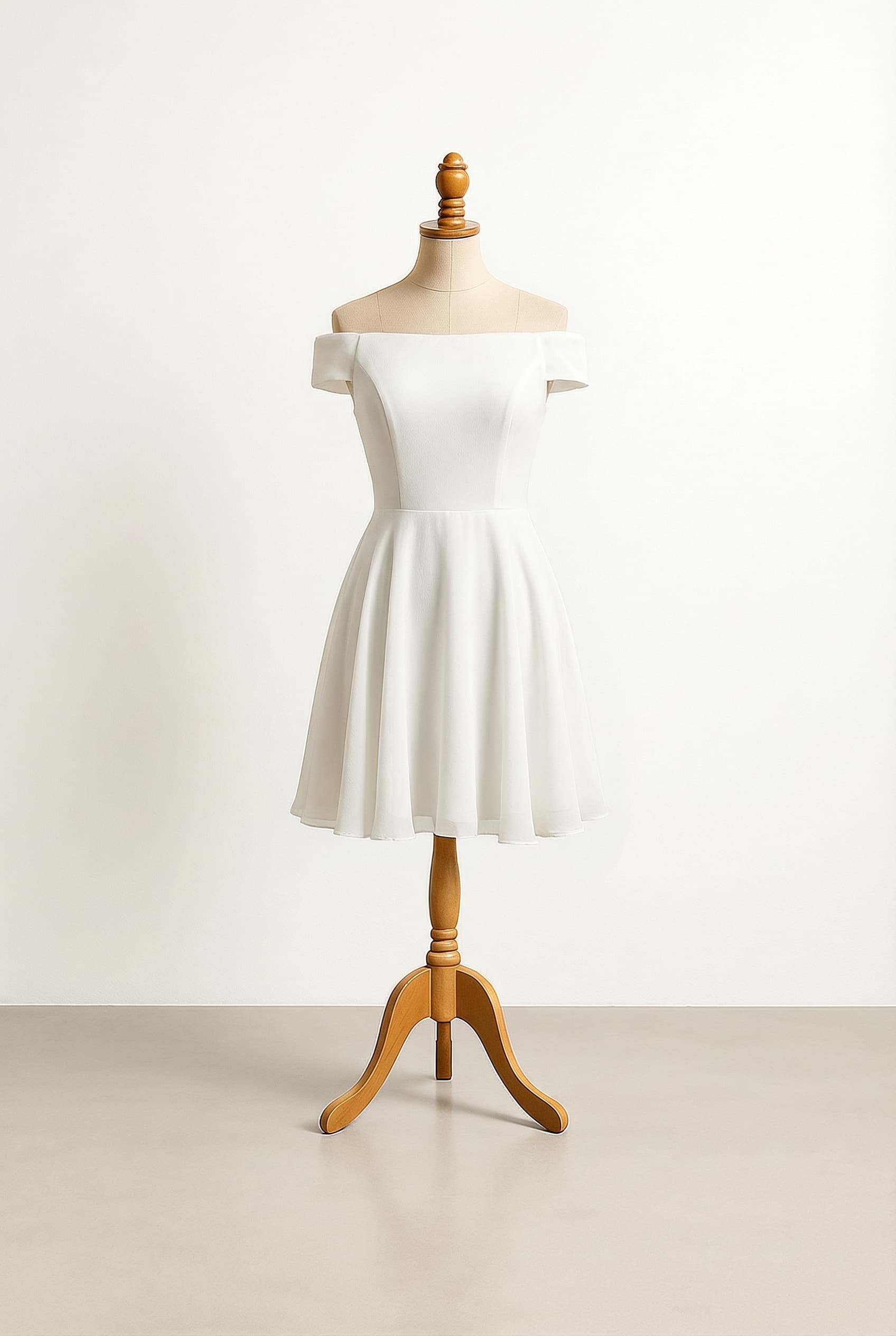 I want a balanced custom dress white and short dress and elegant and dream and soo beautiful with off-shoulder neckline and no sleeves