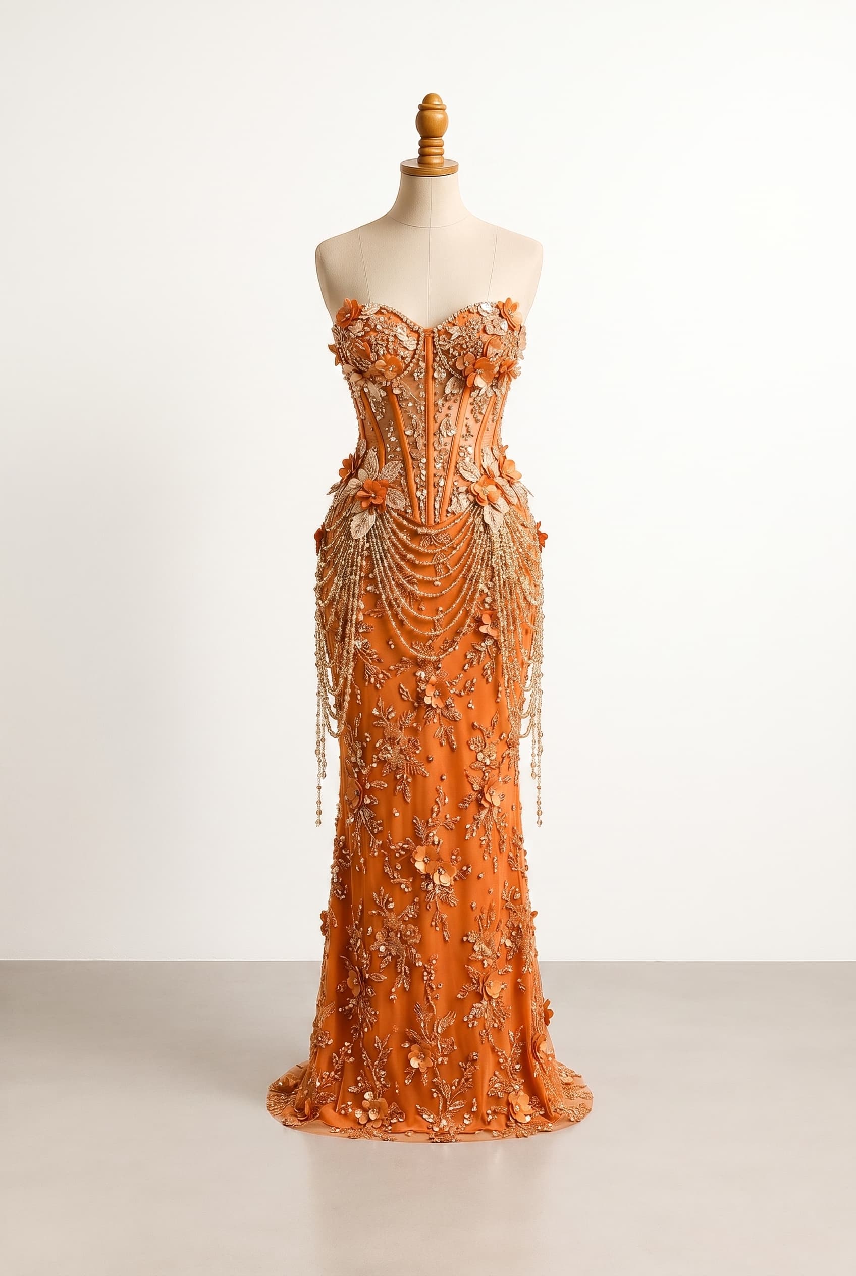 Revealing orange corset prom dress with champagne rhinestones, sequins, 3D appliqués, hanging beads like a chandelier, and shoulder sleeves