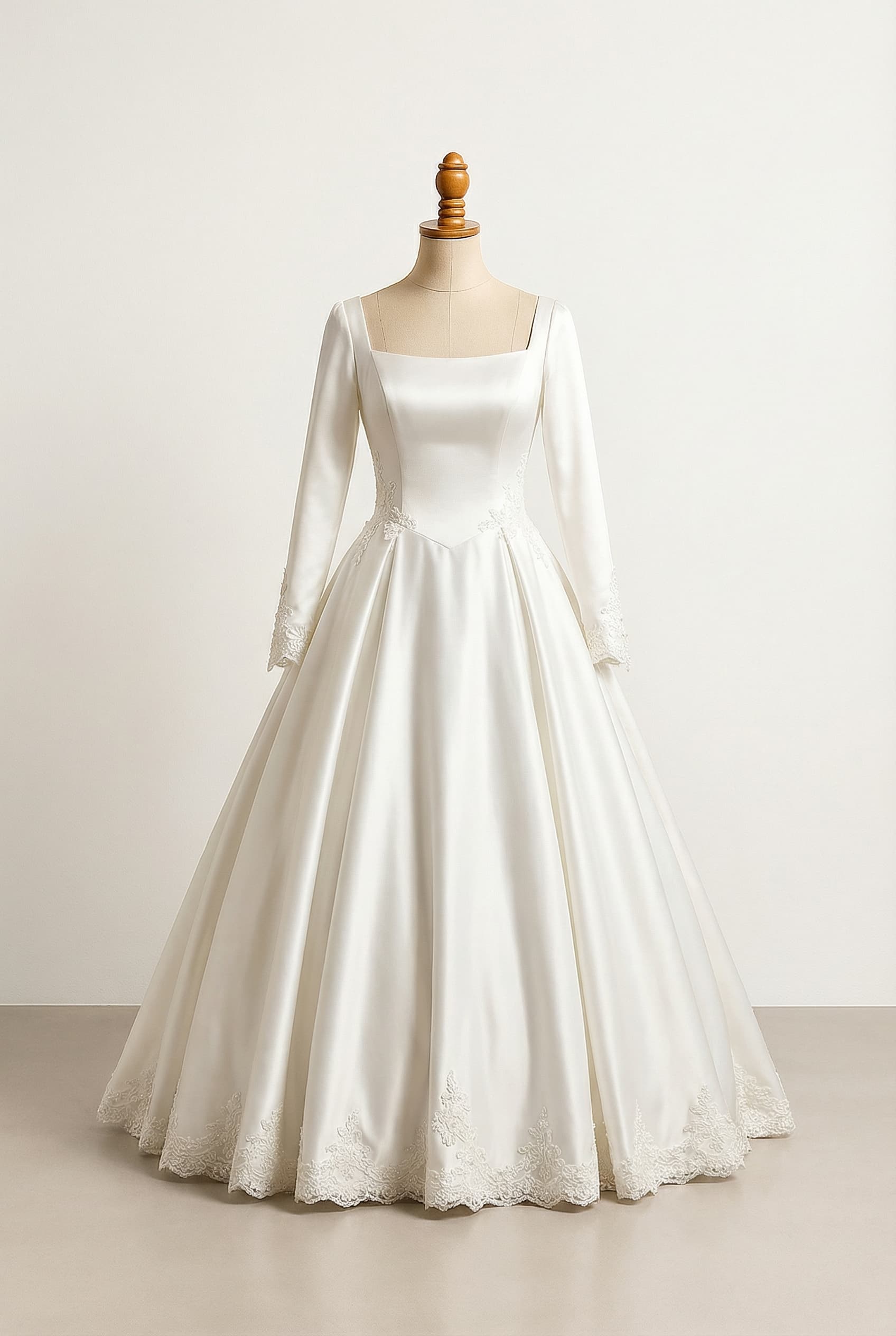 A romantic wedding dress with elegant lace appliques on the bodice sides and skirt hem, and a fully covered back for modesty.
