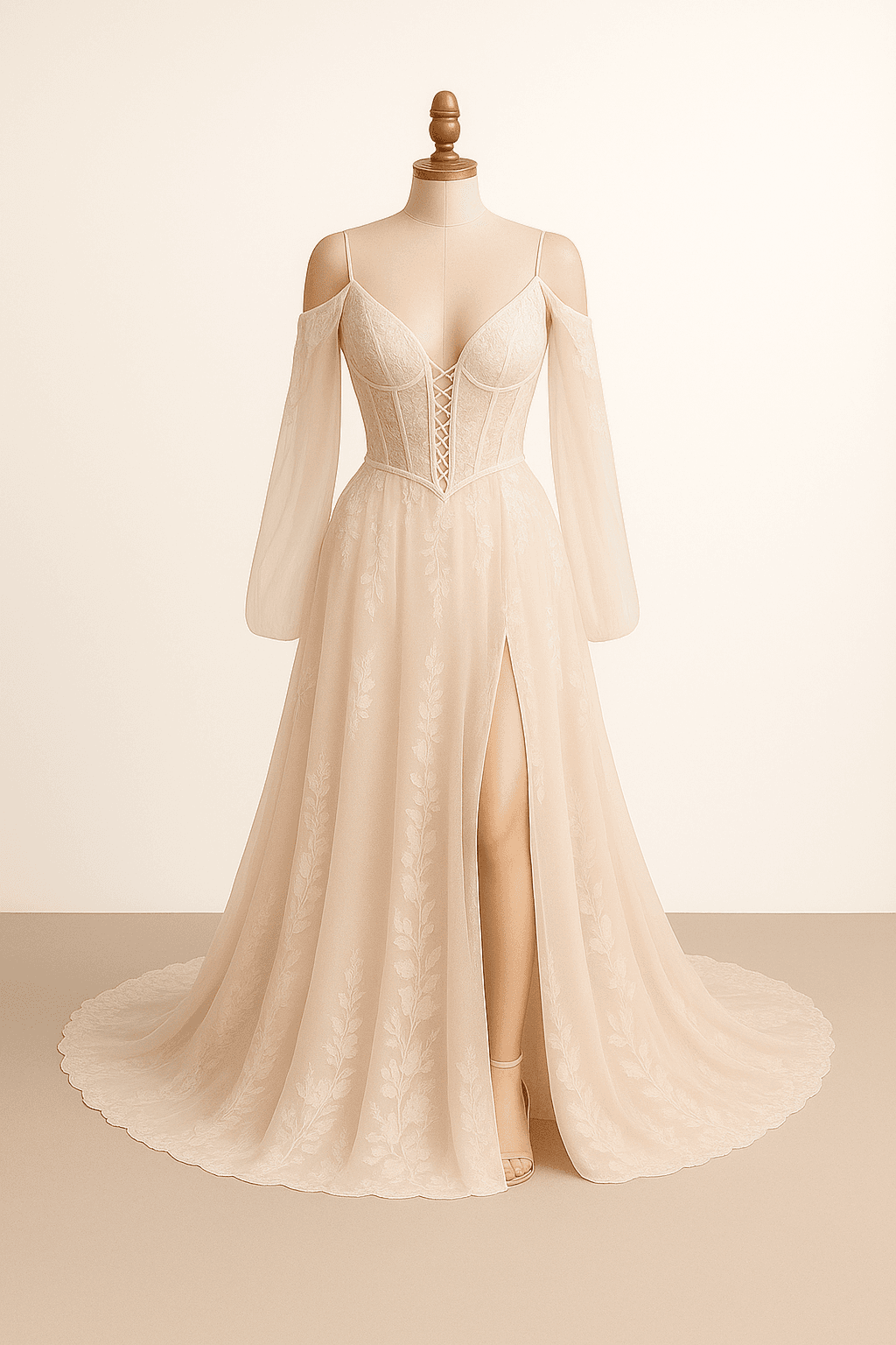 A romantic wedding dress with elegant details; No cuff sleeves, leg slit in skirt, corset