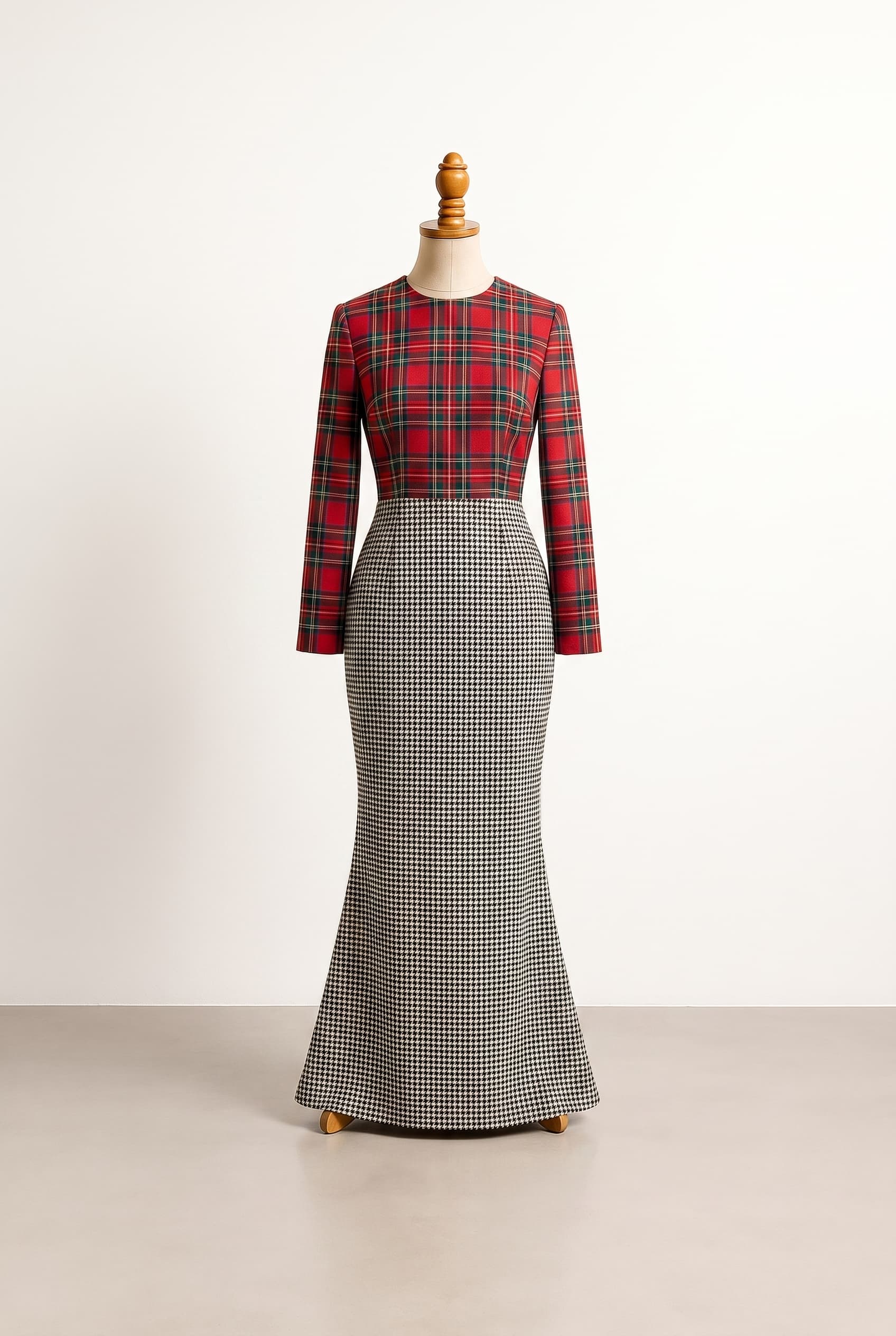 I want a modest dress with long sleeves, red plaid top with simple neckline, seamless transition to a floor length ball gown skirt featuring a large houndstooth pattern, very fitted silhouette bodice. No embellishments