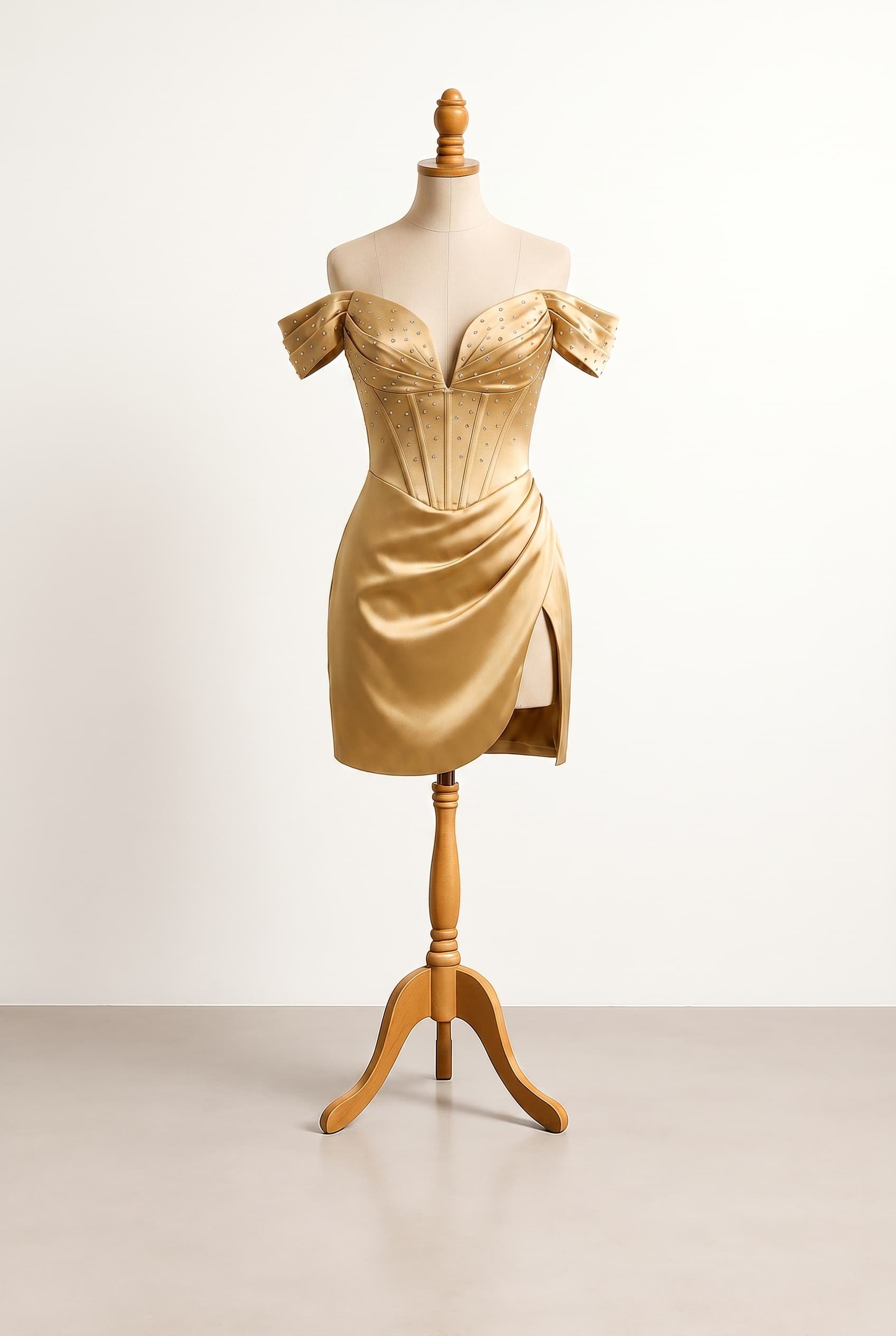I want a revealing gold prom dress with a plunge V-neckline featuring rhinestone embellishments scattered only around the upper half of the dress and not the skirt off-shoulder straps with rhinestones a structured corset bodice and a high leg slit that goes up to my thigh