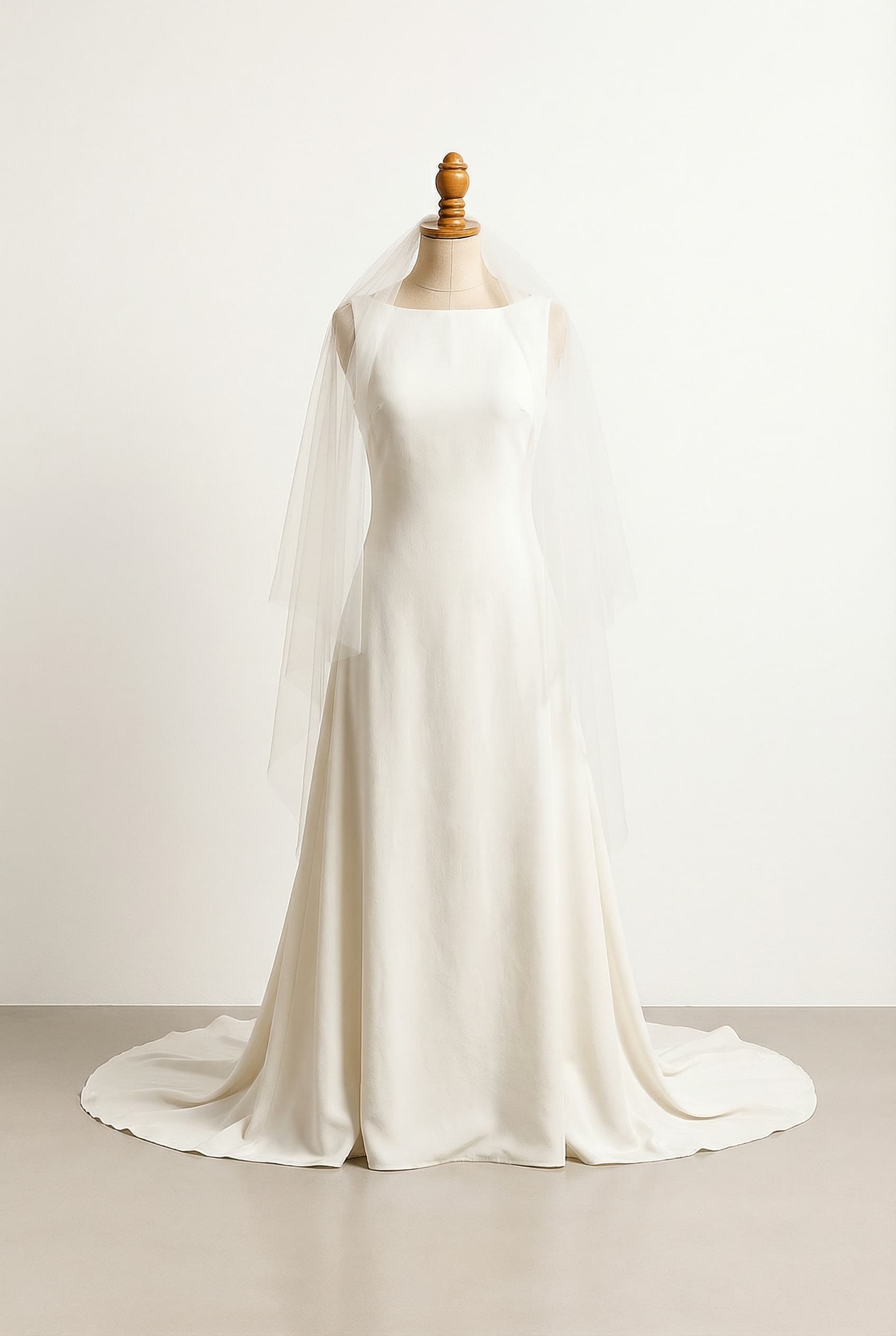 sleeveless A-line dress with a straight neckline and a big bow in the back, with a veil that isn’t too long