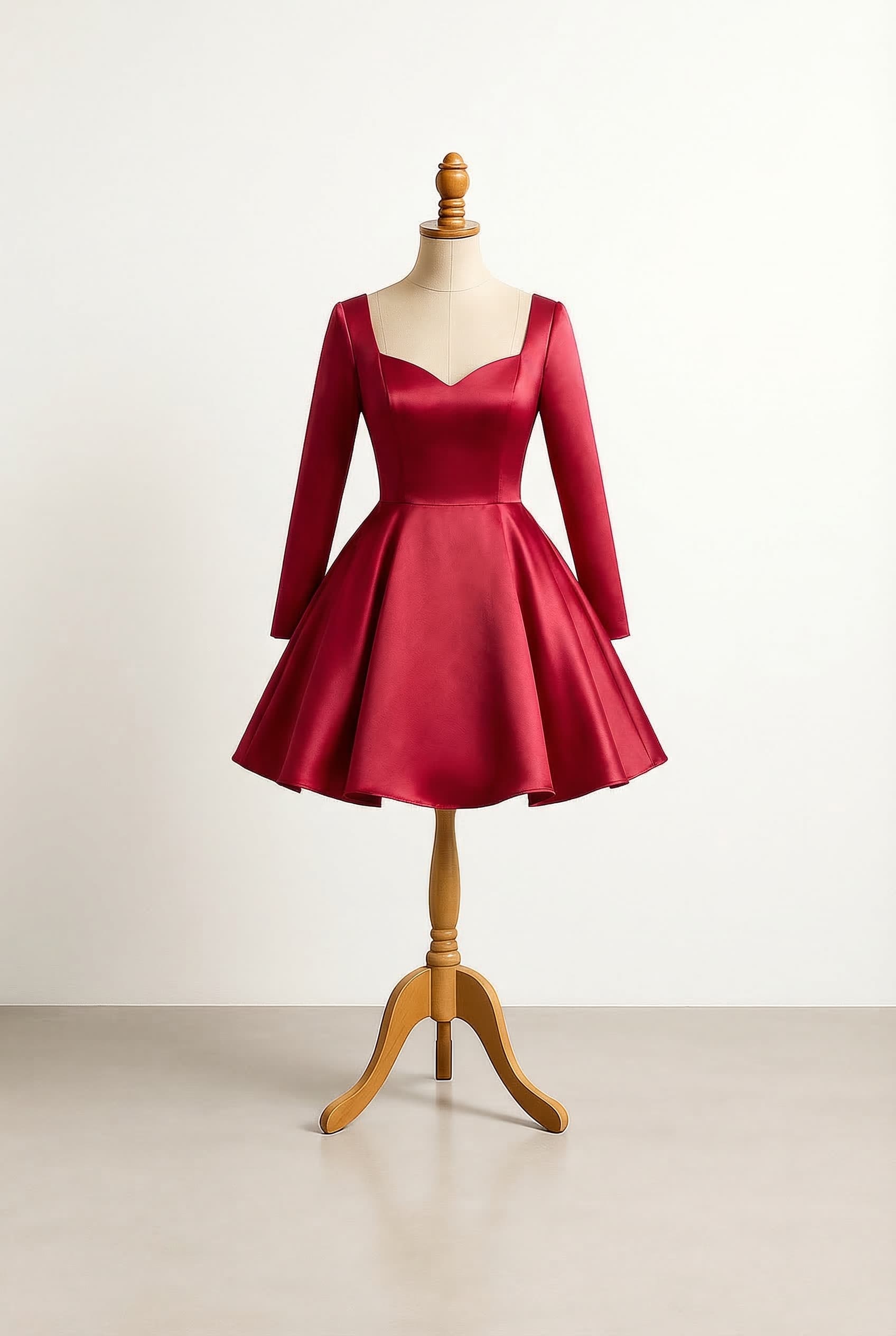 I want a balanced prom dress, short length, long sleeves, ball gown silhouette, sweetheart neckline, sleeveless, floor length, duchess satin fabric.