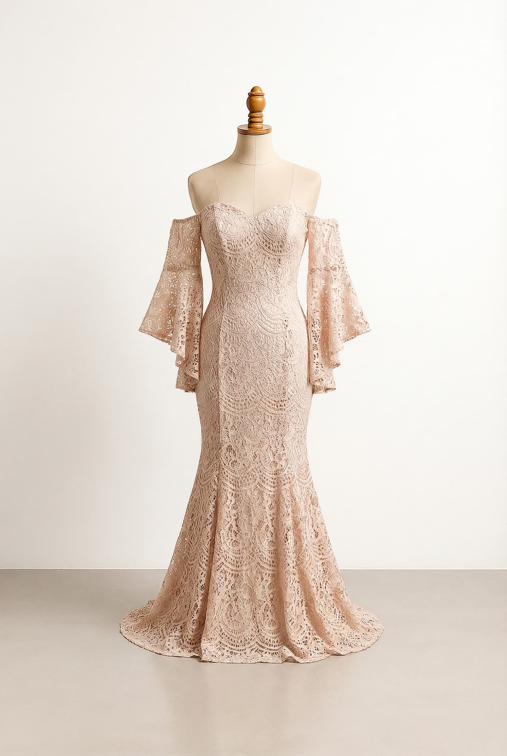 Tight mermaid style body with off the shoulder bell sleeves sweetheart neckline Floor - Just reaches the floor