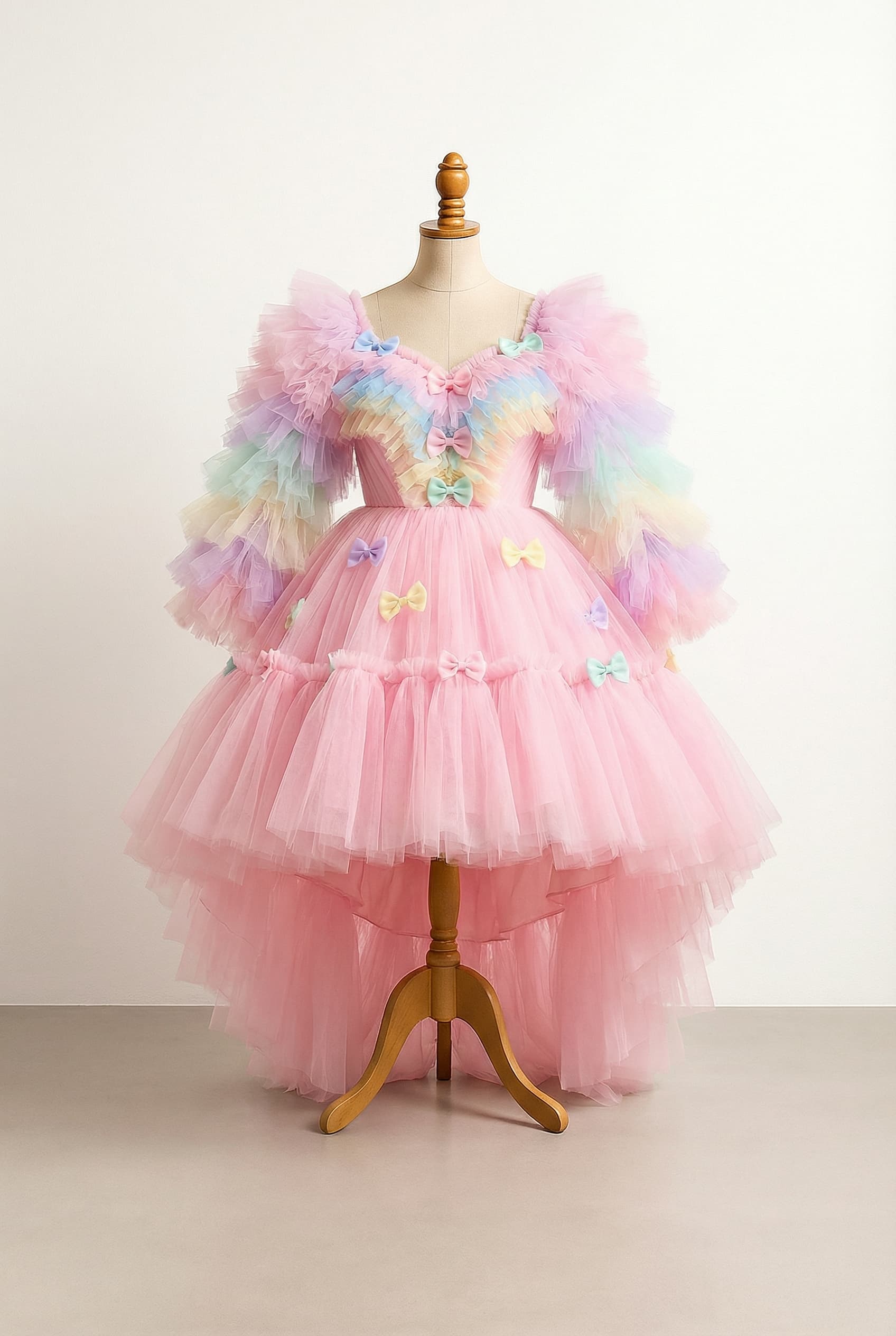 A cute, childish candyland-themed dress with a sweetheart neckline, adorned with frills and bows. It features long, poofy/fluffy sleeves (to be worn with gloves) and a super full, layered high/low bustle skirt.