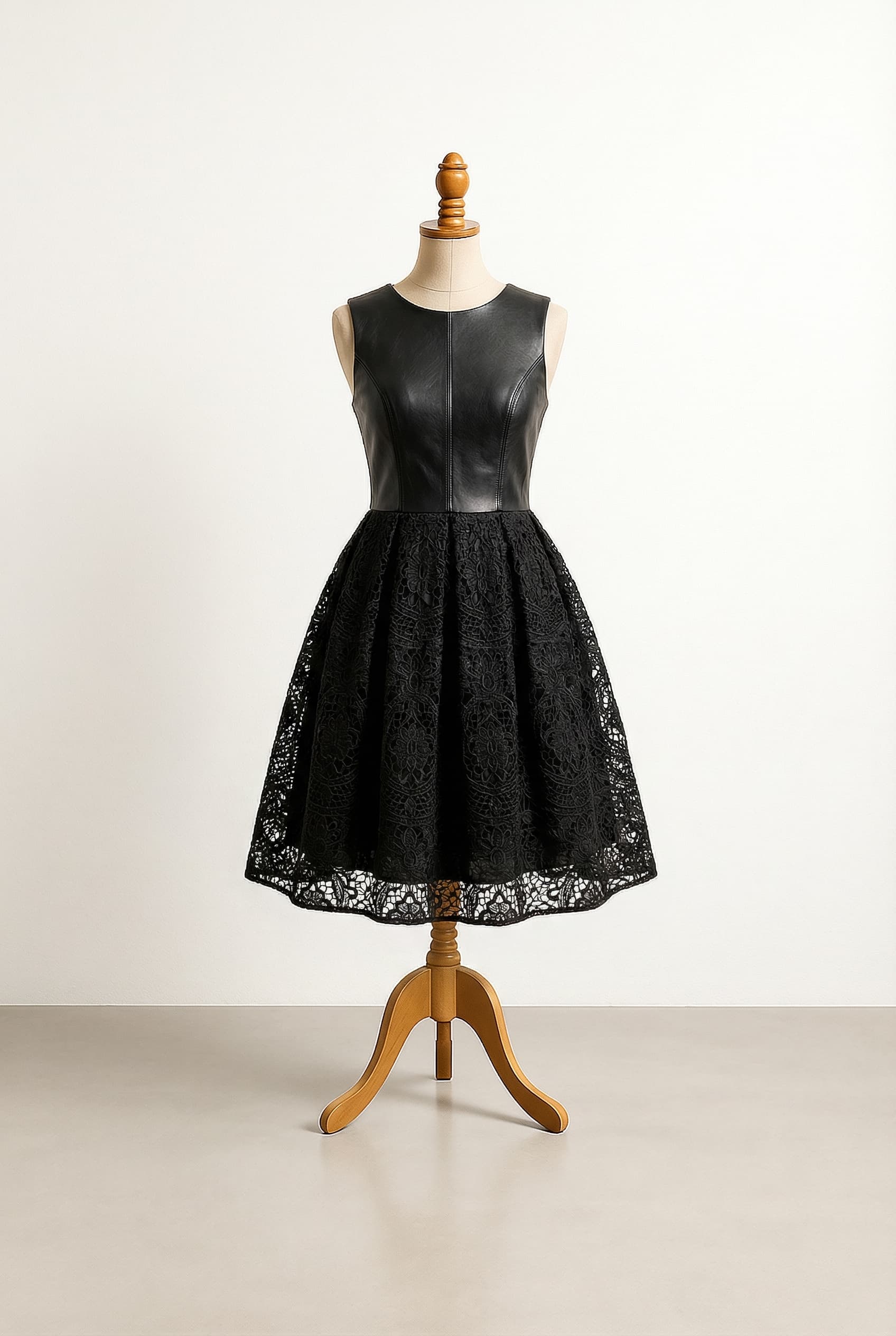 I want a balanced prom dress with a leather top and a lace bottom in black and knee length