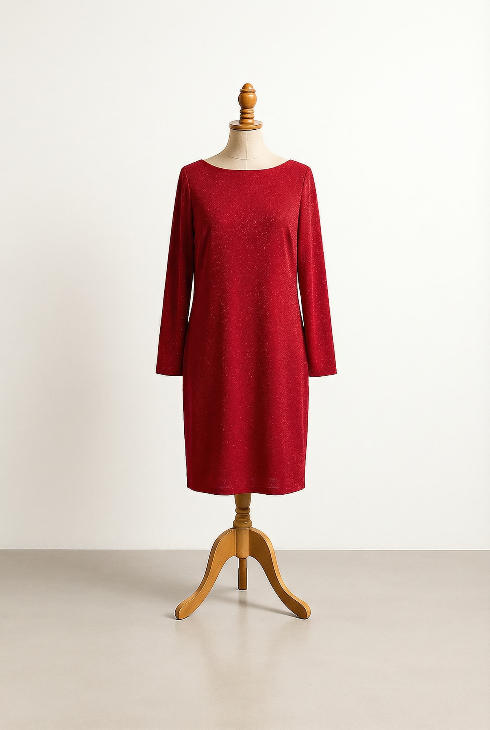 Glamorous Christmas red prom dress with subtle sparkle, a masculine edge, designed for broad shoulders, and a not-tightly fitted silhouette.