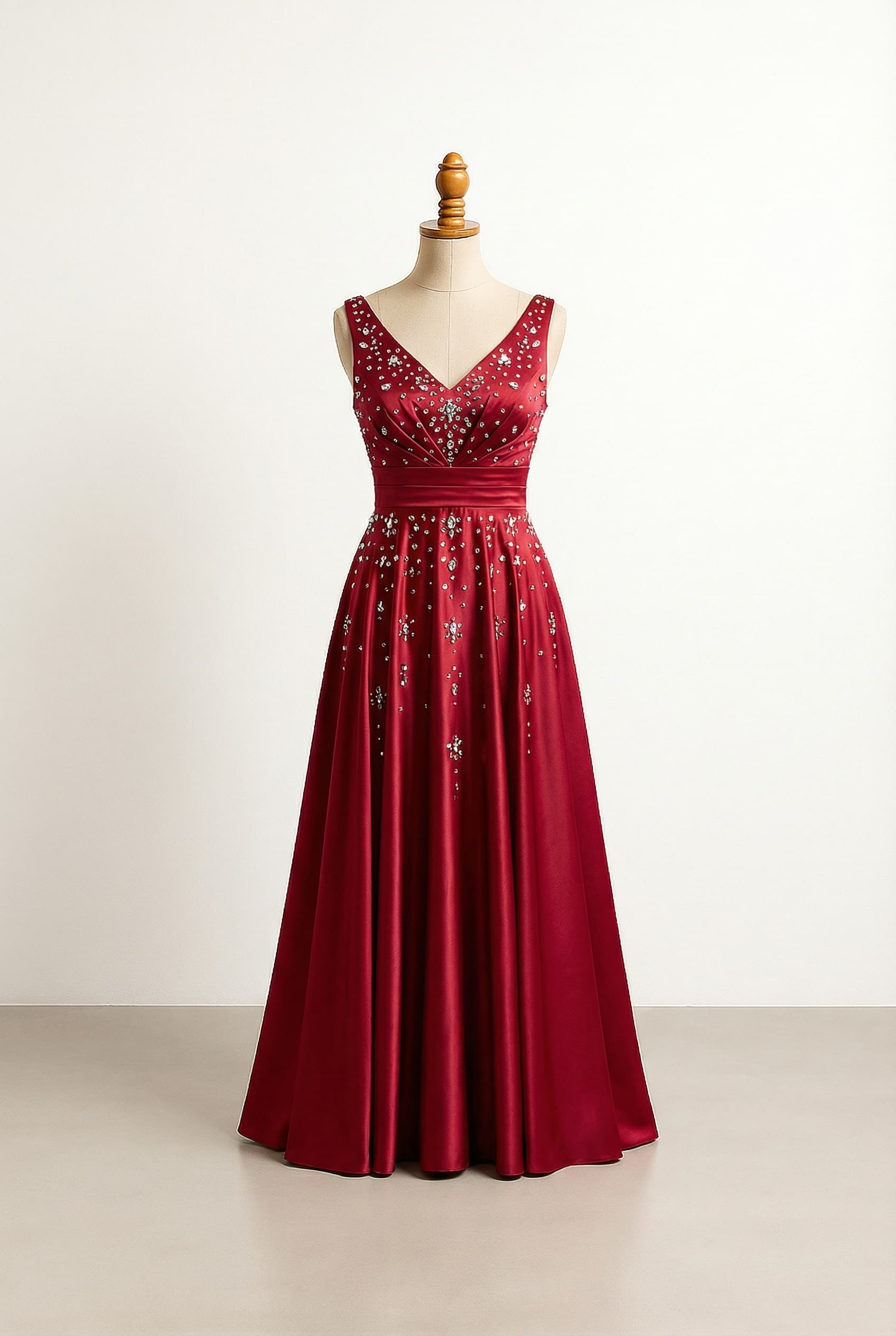 Glamorous ruby red satin prom dress with gems