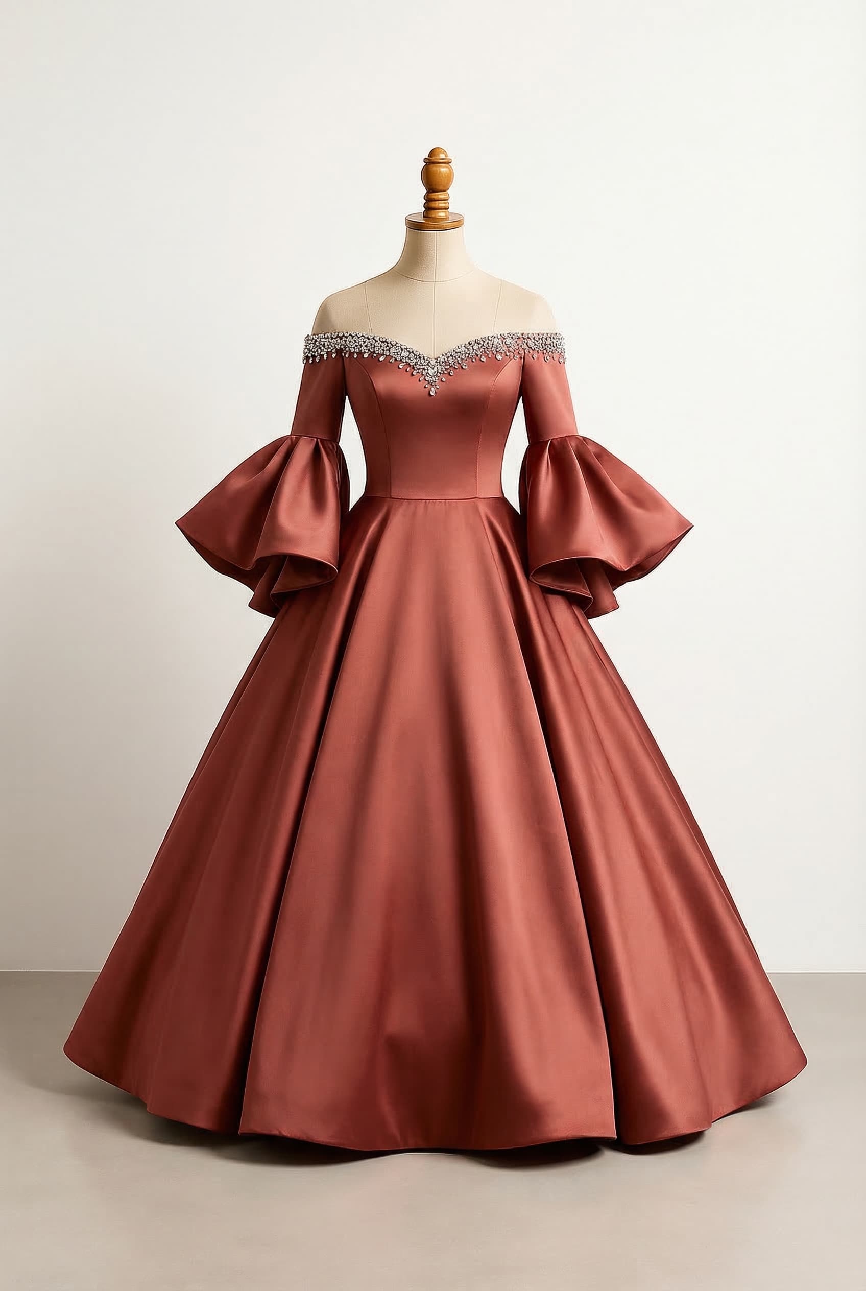 I want a balanced custom dress with big big flowy sleeves and a poofy bottom with a neckline that shows off the collarbone with bling floor length and long sleeves in Pink