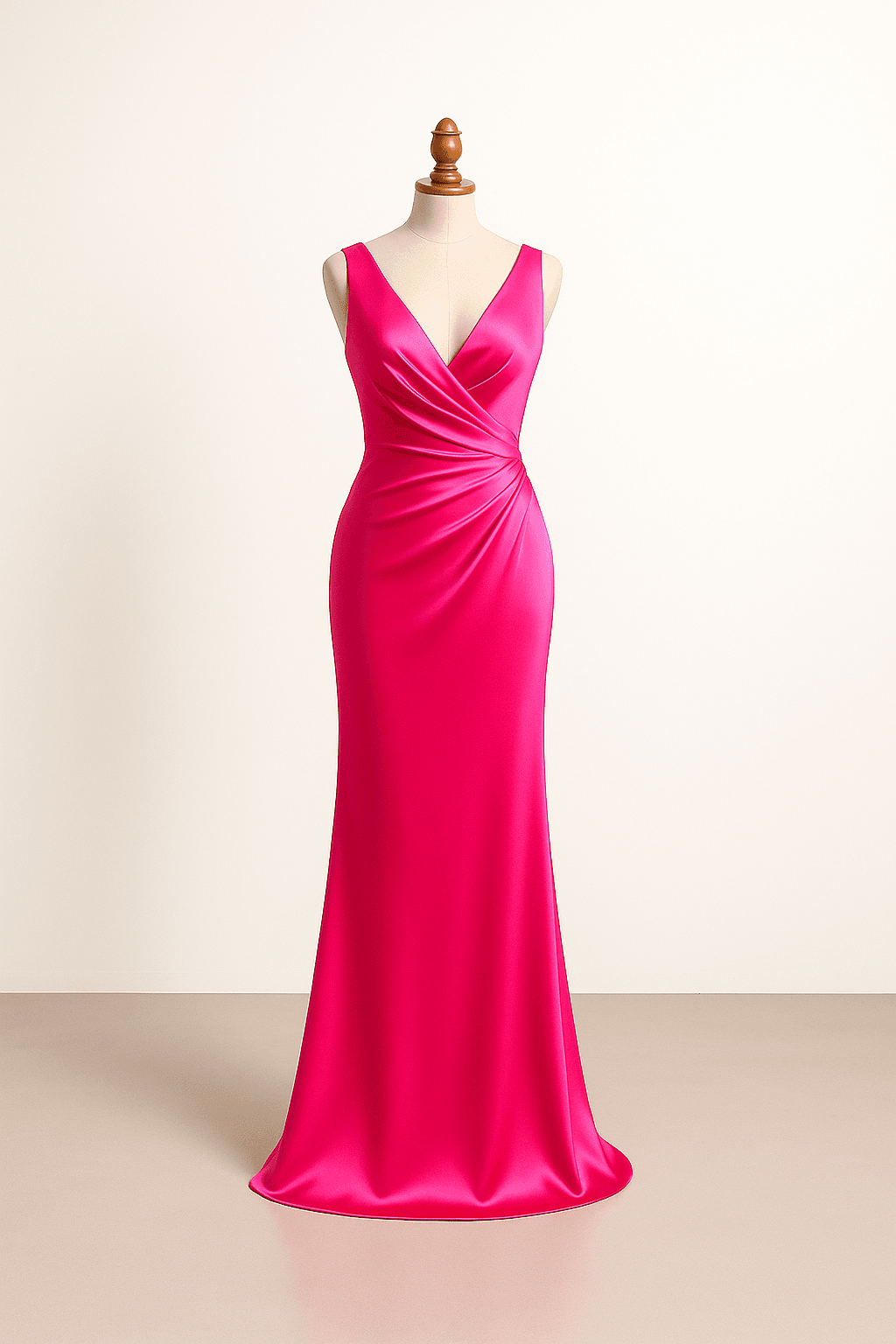Red carpet evening gown in neon pink, floor-length silhouette, V-neckline, luxury fabric, sophisticated draping, sleeveless
