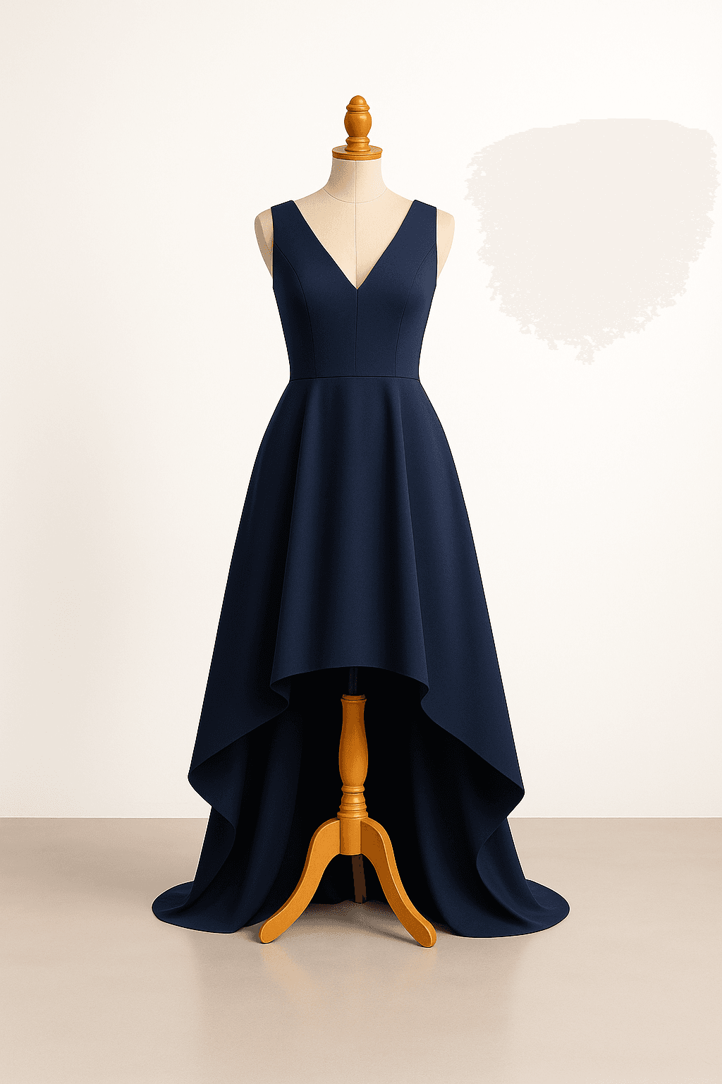 Modern high-low prom dress in navy, asymmetrical hemline, V-neckline, structured bodice, flowing skirt, sleeveless