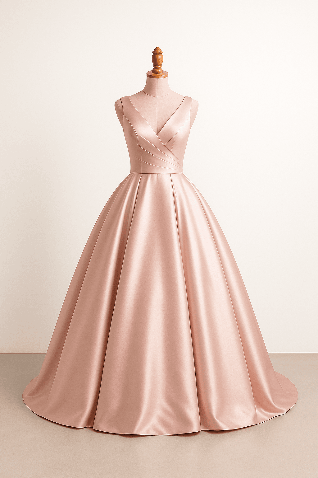 Modern princess quinceañera dress in pink, structured bodice, V-neckline, full skirt, elegant draping, sleeveless