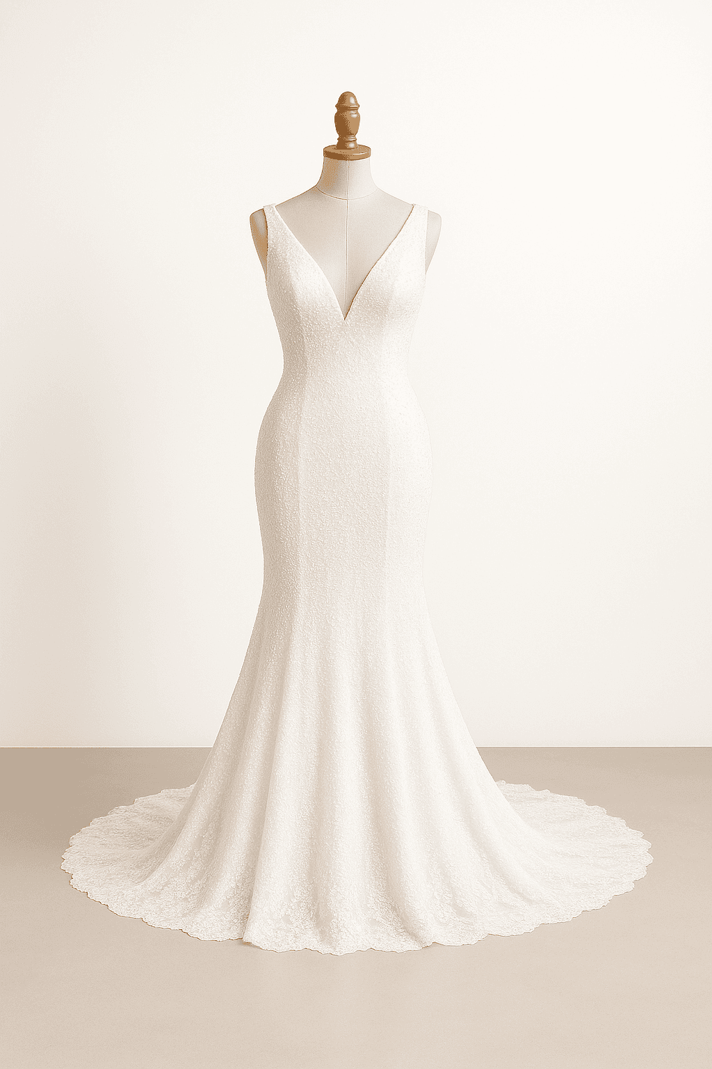 Elegant mermaid wedding dress in pure white, fitted silhouette, V-neckline, dramatic train, intricate beading, sleeveless