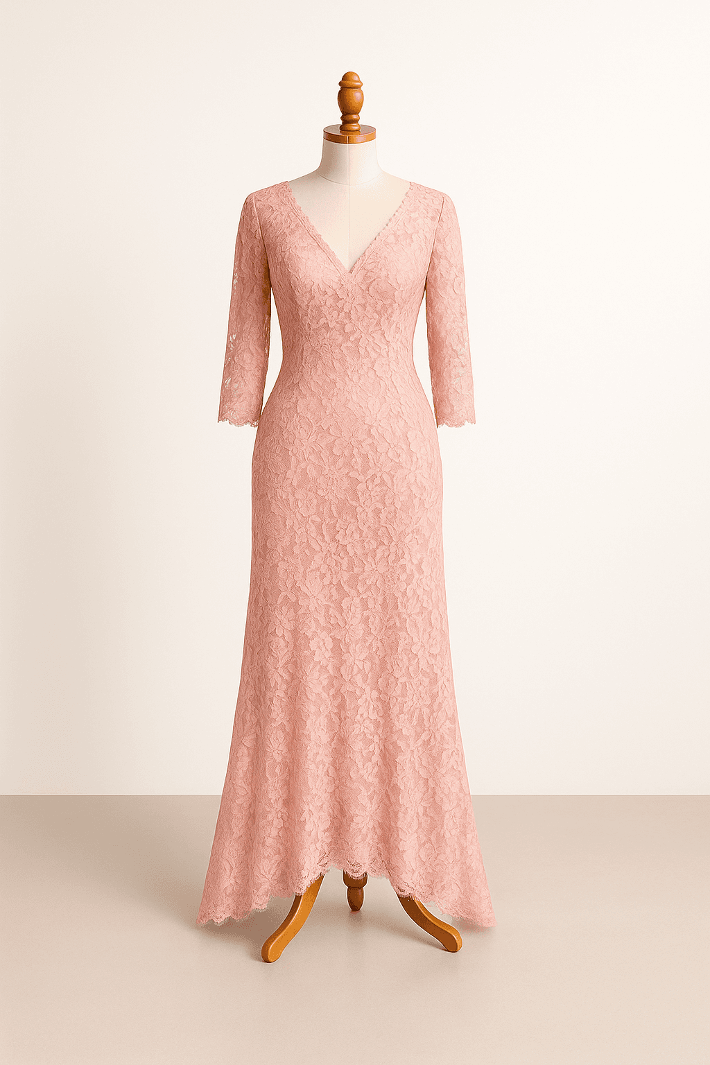 Romantic lace overlay quinceañera dress in pink, delicate lace details, V-neckline, flowing silhouette, three-quarter sleeves