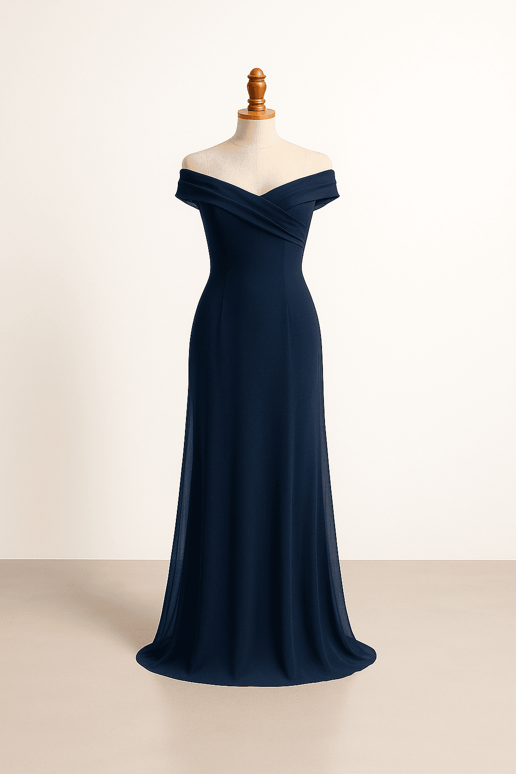 Elegant off-shoulder prom dress in navy, flowing silhouette, off-shoulder neckline, delicate draping, sleeveless