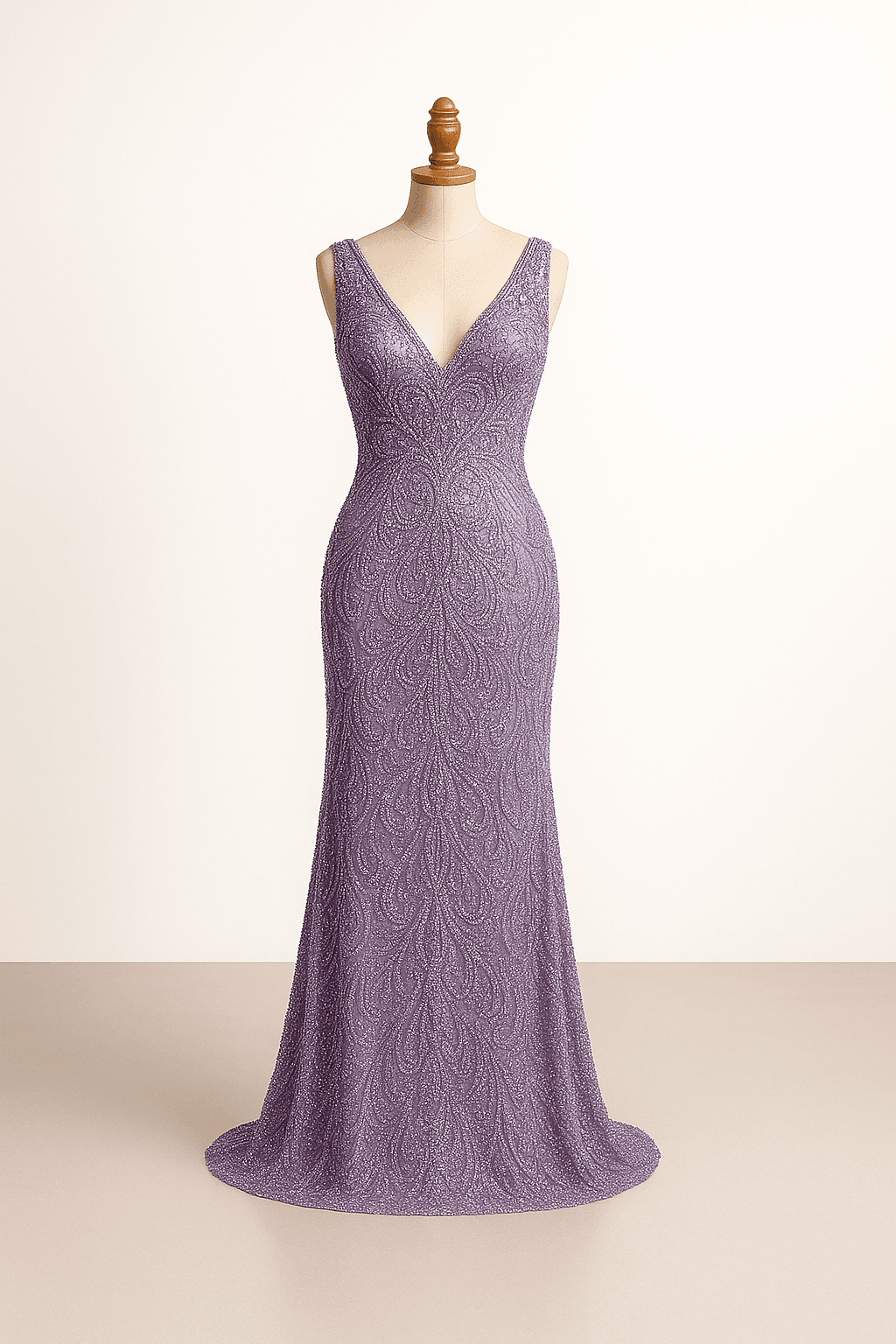 Show-stopping gala dress in lavender, dramatic silhouette, V-neckline, luxury embellishments, intricate beading, sleeveless