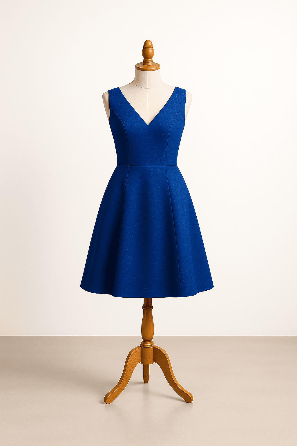 Chic cocktail dress in sapphire blue, knee-length silhouette, V-neckline, structured bodice, A-line skirt, subtle beading, sleeveless