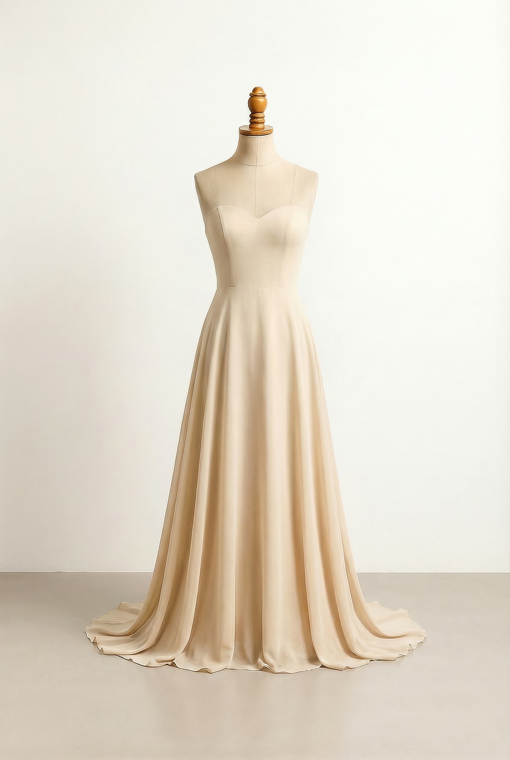 A floor-length, champagne A-line gown with a modest sweetheart neckline, sleeveless, and flowing chiffon fabric.