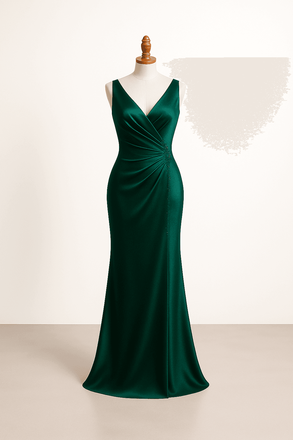 Elegant evening gown in emerald green, floor-length silhouette, V-neckline, sophisticated draping, subtle beading, sleeveless
