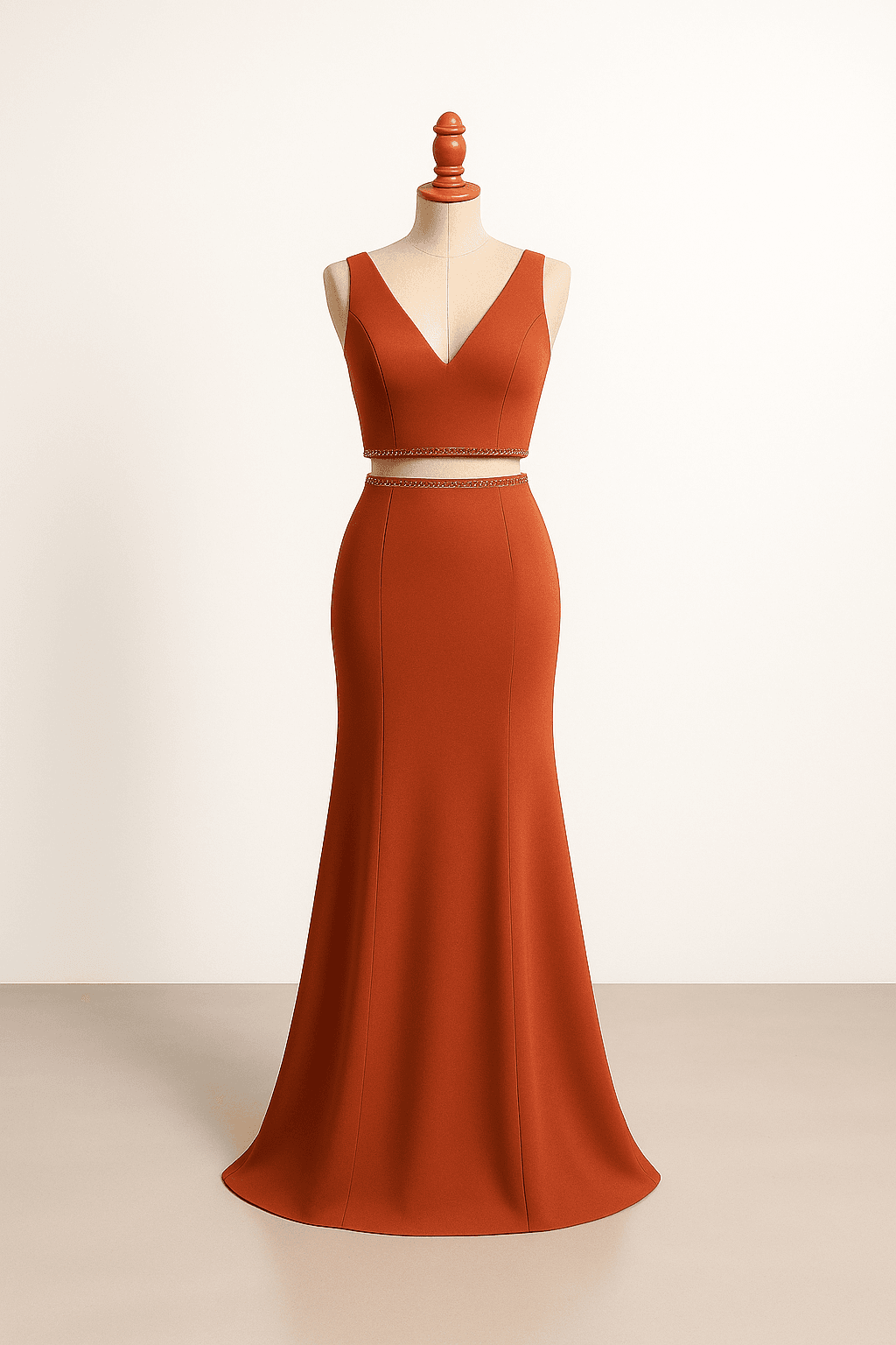 Chic two-piece bridesmaid dress in terracotta, crop top with high-waisted skirt, V-neckline, structured design, subtle beading, sleeveless