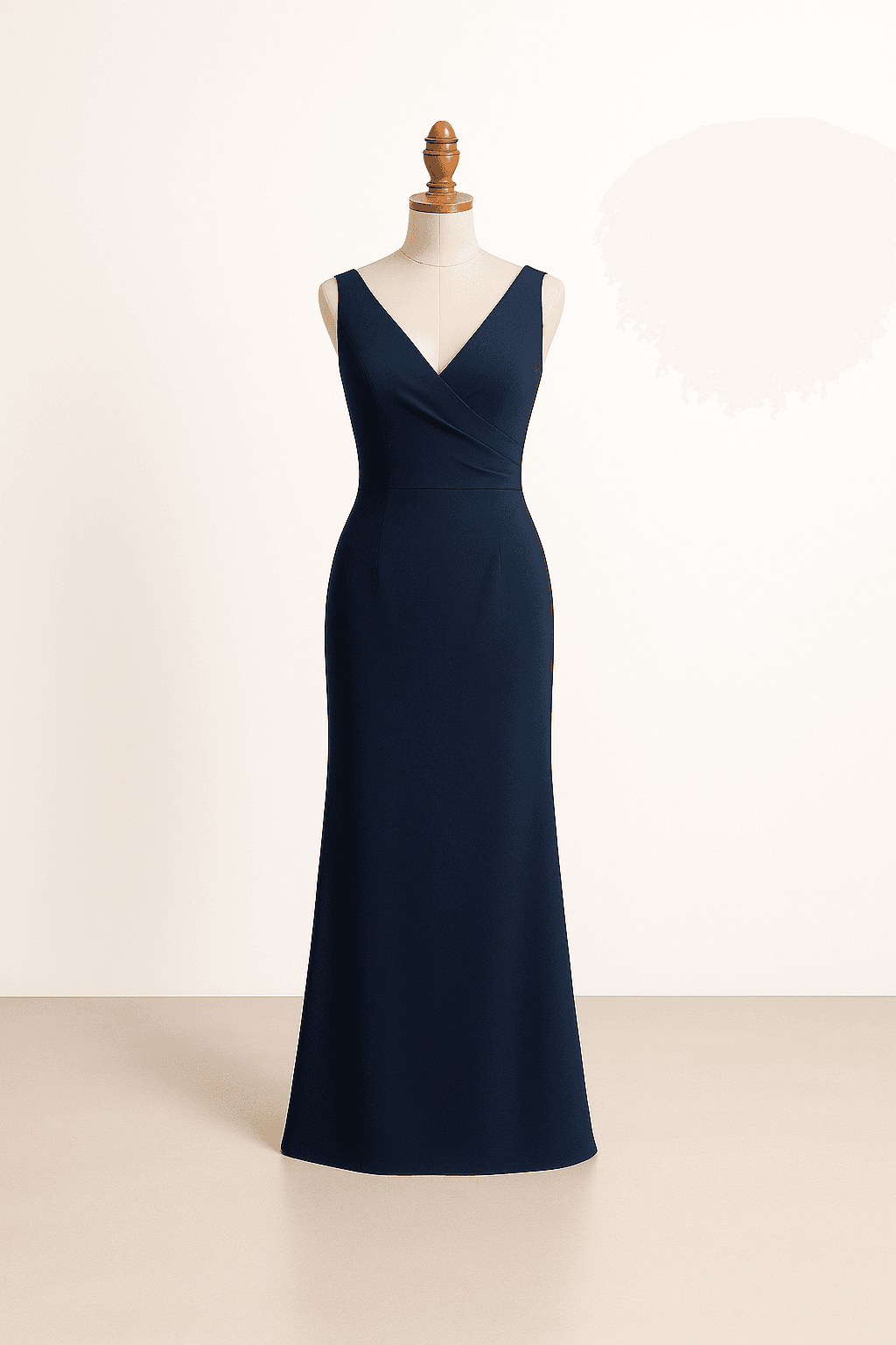 Classic sheath bridesmaid dress in navy, fitted silhouette, V-neckline, clean lines, subtle draping, sleeveless