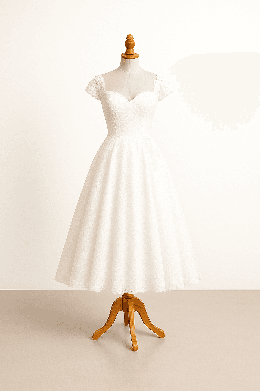 Vintage-inspired wedding dress in pure white, 1950s silhouette, sweetheart neckline, full skirt, vintage lace details, cap sleeves