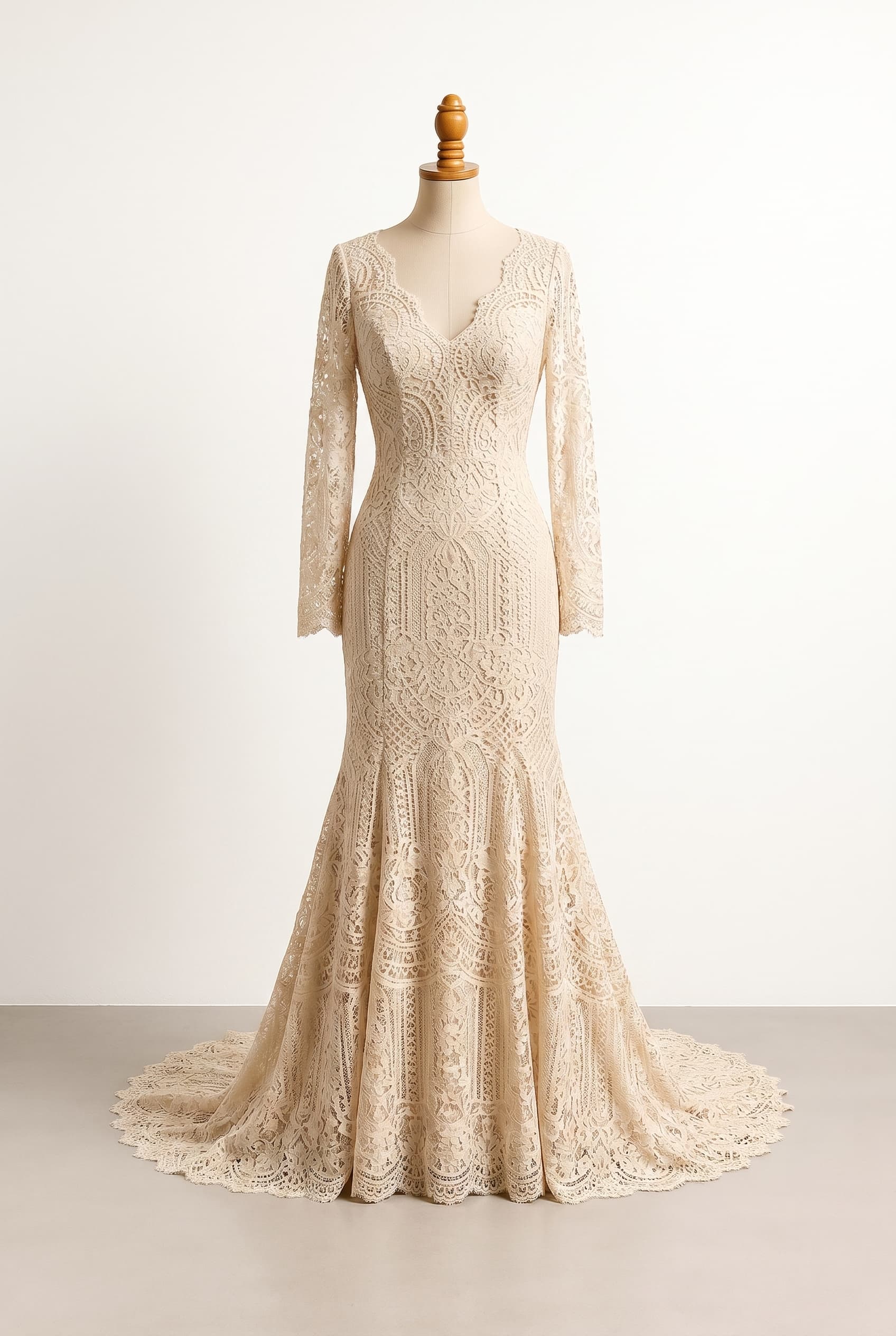 I want a balanced wedding dress in Warm champagne, Chapel - Slight train (1-2 feet past feet) length, Long - Full length sleeves, V - Classic V-neck opening, Fit & Flare - Fitted through the waist and hips, then gently flares out silhouette, and Lace - Intricate openwork patterns in various weights, designs fabric