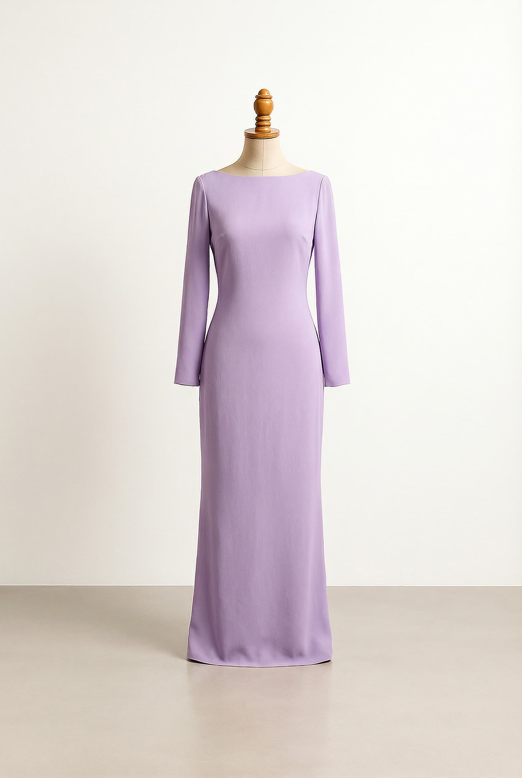 I want a balanced formal dress; preset_type: Formal; modestyPreference: balanced; color: Purple; length: Floor - Just reaches the floor; sleeve: Long - Full length; neckline: Boat - Wide opening to shoulders; silhouette: Sheath - Straight fit, body-hugging column shape; fabric: Crepe de Chine - Lightweight silk with a matte, slightly textured surface; hasCredits: true; isLoggedIn: true