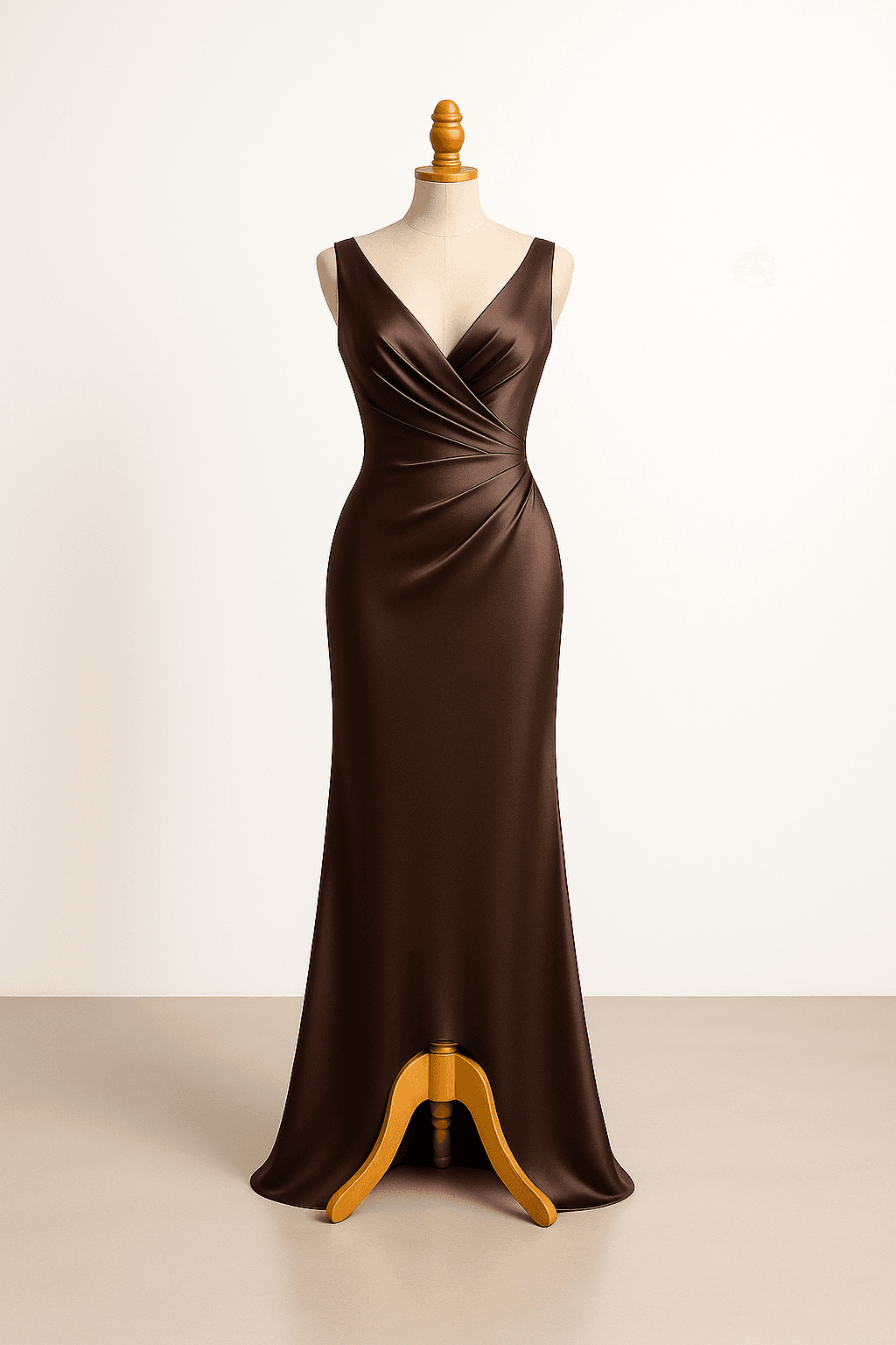 Black tie evening gown in mocha mousse, floor-length silhouette, V-neckline, luxury satin fabric, sophisticated draping, sleeveless