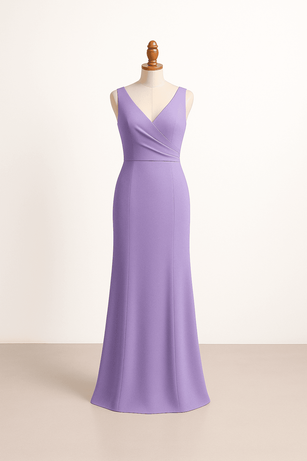 Elegant sheath bridesmaid dress in lavender, fitted silhouette, V-neckline, clean lines, subtle draping, sleeveless