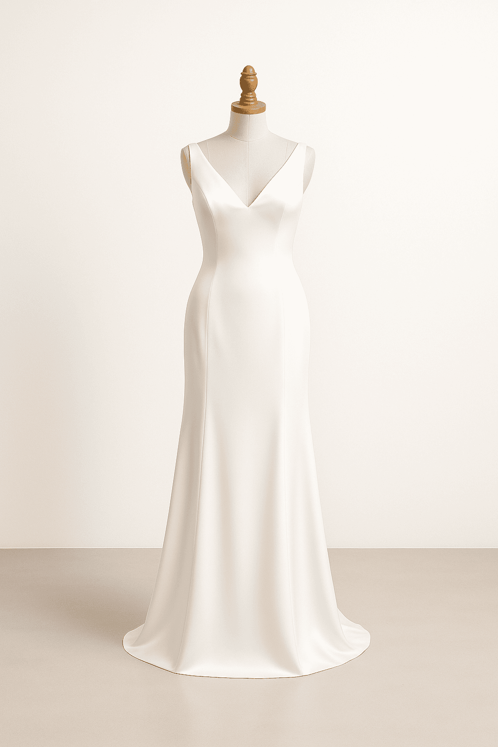 Modern minimalist wedding dress in pure white, clean lines, simple silhouette, V-neckline, floor-length, subtle draping, sleeveless