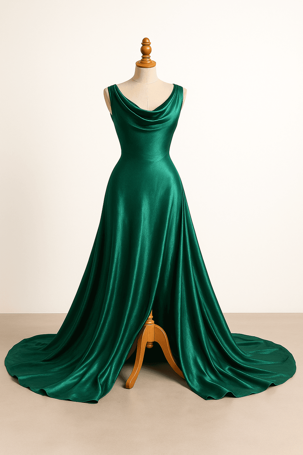 a flowing evening gown made of shimmering emerald silk