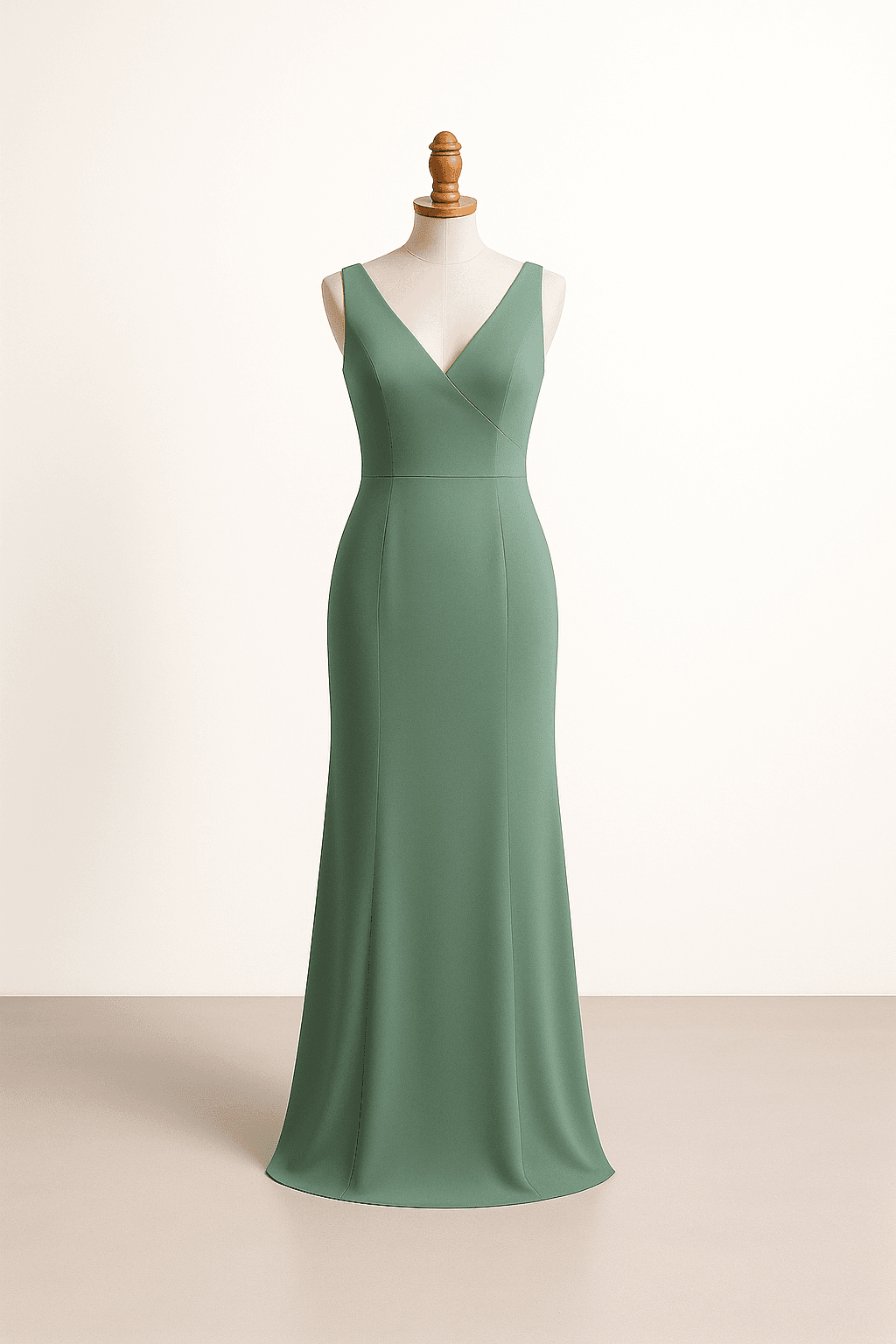 Classic sheath bridesmaid dress in sage green, fitted silhouette, V-neckline, clean lines, subtle draping, sleeveless