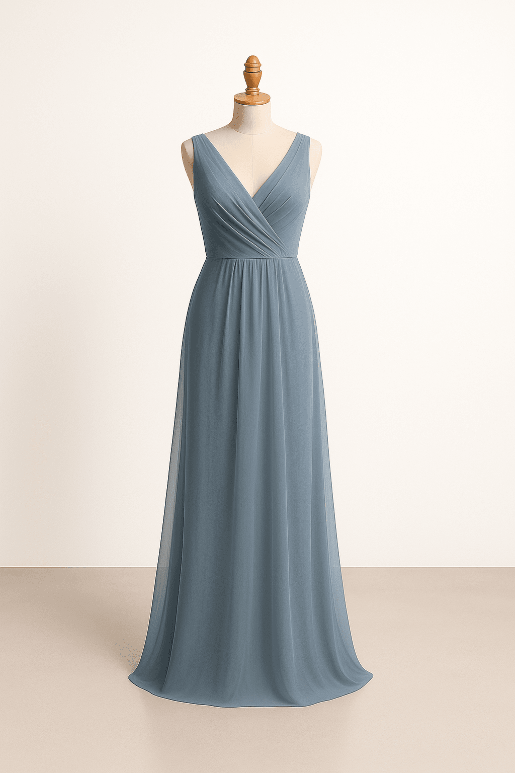 Romantic flowing bridesmaid dress in dusty blue, soft chiffon fabric, V-neckline, flowing silhouette, delicate draping, sleeveless