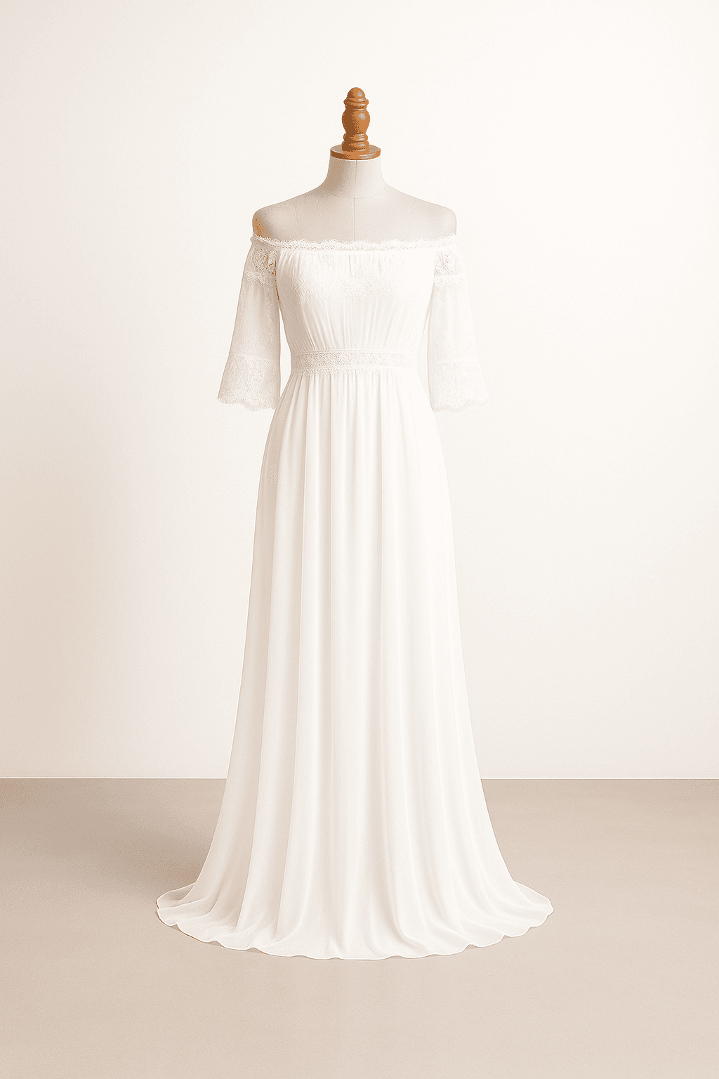 Bohemian wedding dress in pure white, flowing chiffon fabric, off-shoulder neckline, loose silhouette, delicate lace details, three-quarter sleeves