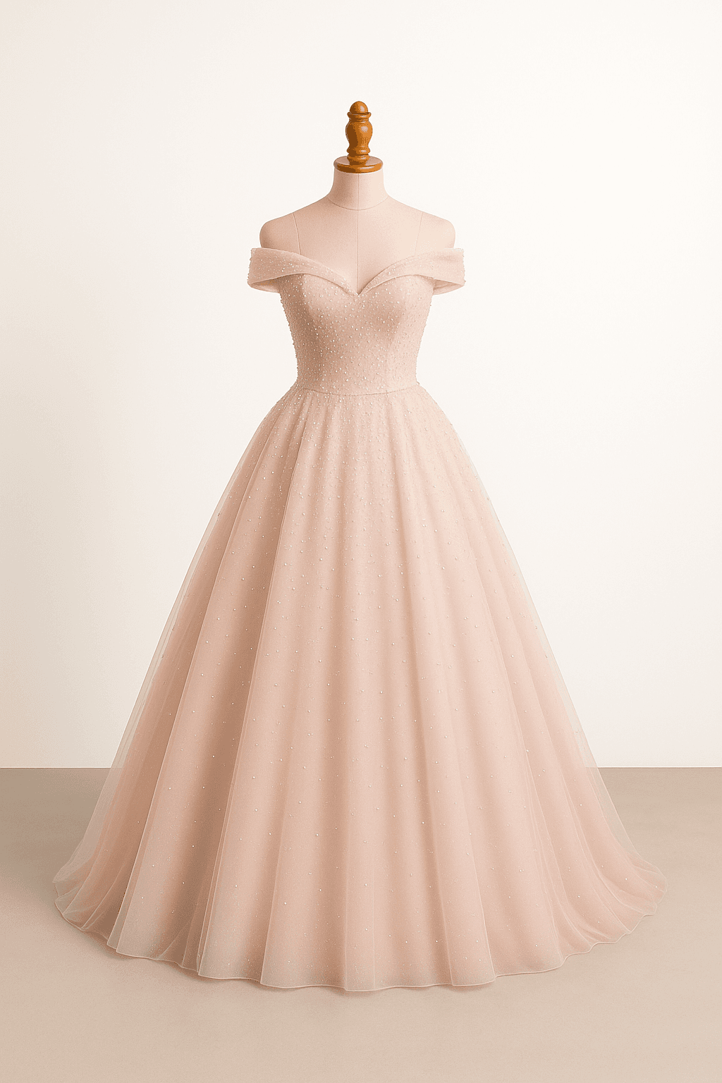 Elegant off-shoulder quinceañera dress in pink, flowing tulle skirt, off-shoulder neckline, structured bodice, subtle beading, sleeveless