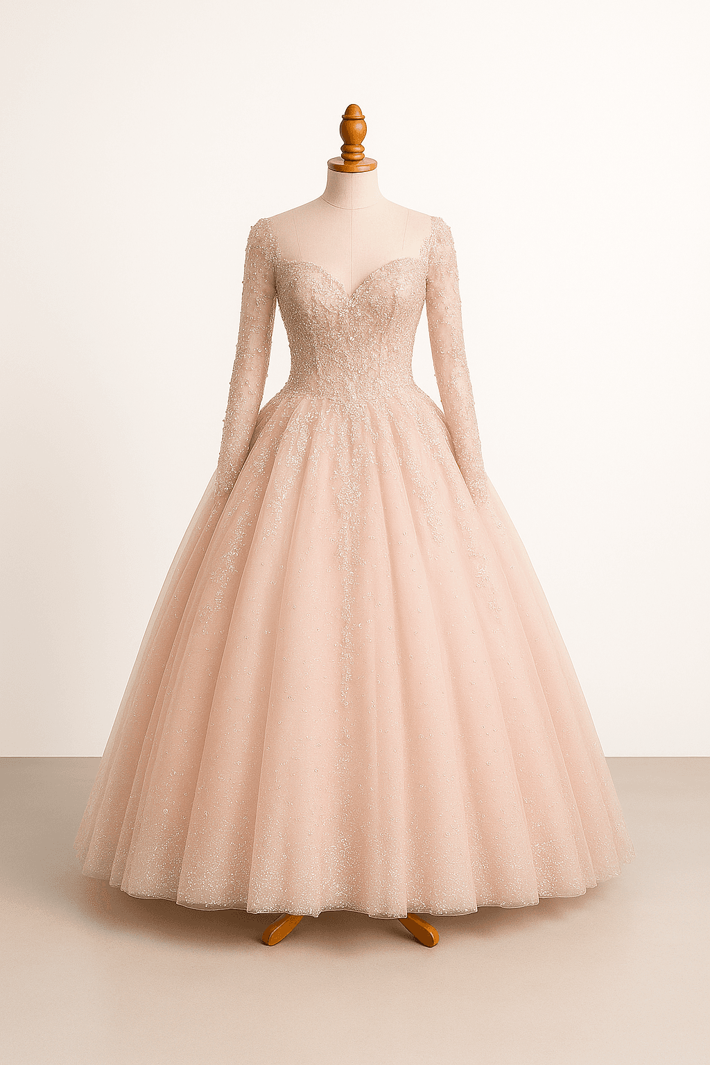 Traditional quinceañera ballgown in pink, full tulle skirt, fitted bodice, sweetheart neckline, intricate beading, long sleeves