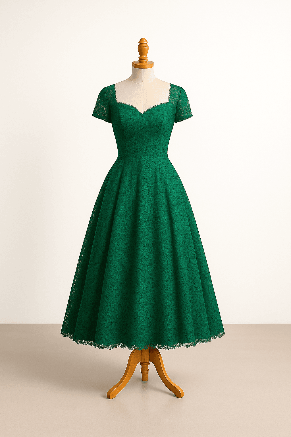 Vintage-inspired bridesmaid dress in emerald green, 1950s silhouette, sweetheart neckline, full skirt, vintage lace details, cap sleeves