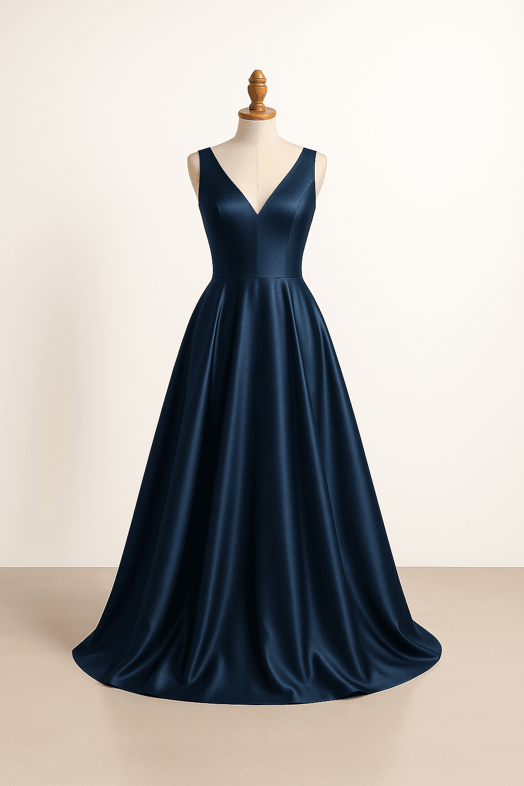 Classic A-line prom dress in navy, fitted bodice, V-neckline, full skirt, elegant draping, sleeveless