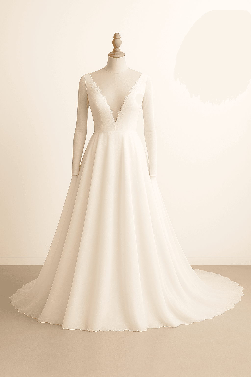 a modern wedding dress that is slightly dramatic Modified: less lace