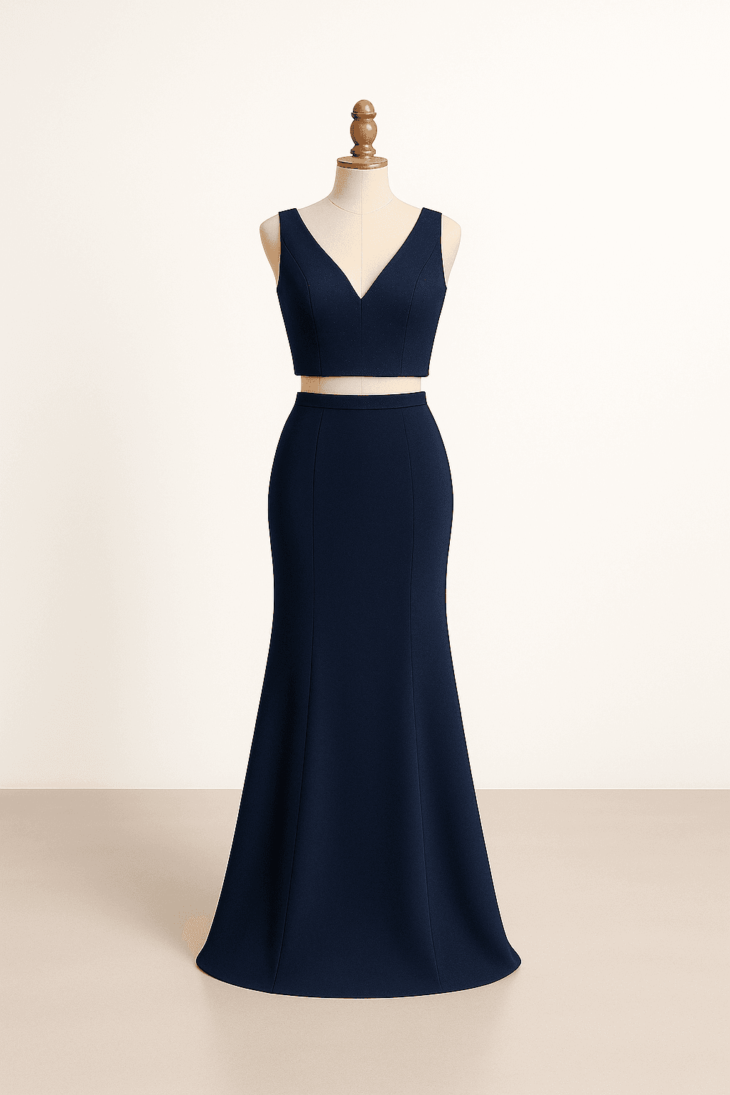 Chic two-piece prom dress in navy, crop top with high-waisted skirt, V-neckline, structured design, subtle beading, sleeveless
